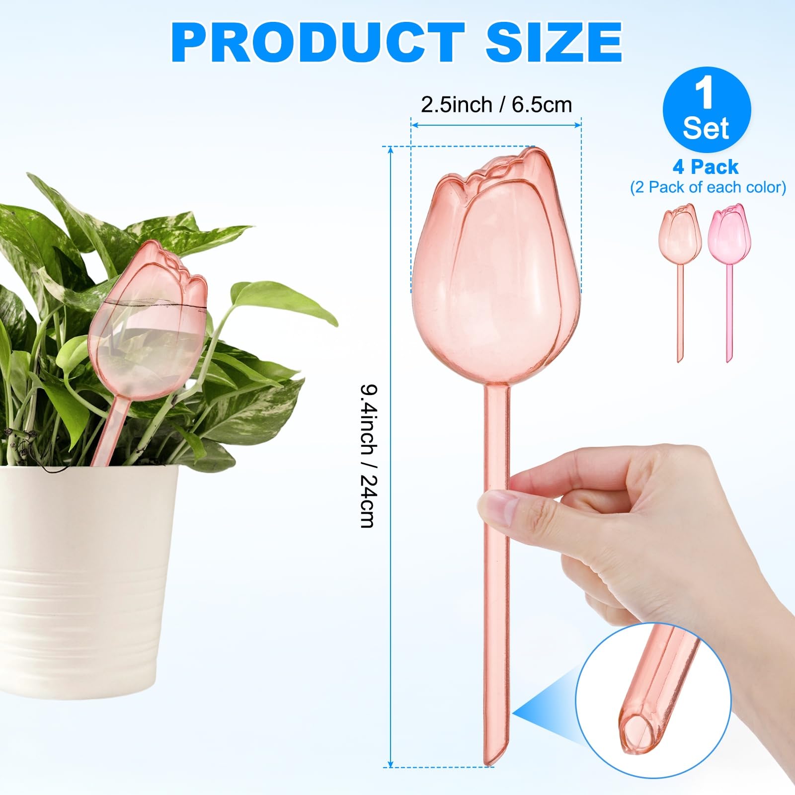 M METERXITY Lot de 4 globes d'arrosage de plantes en plastique de 24 cm à auto-arrosage pour plantes d'intérieur/extérieur, appareils d'auto-arrosage [champagne/rose]