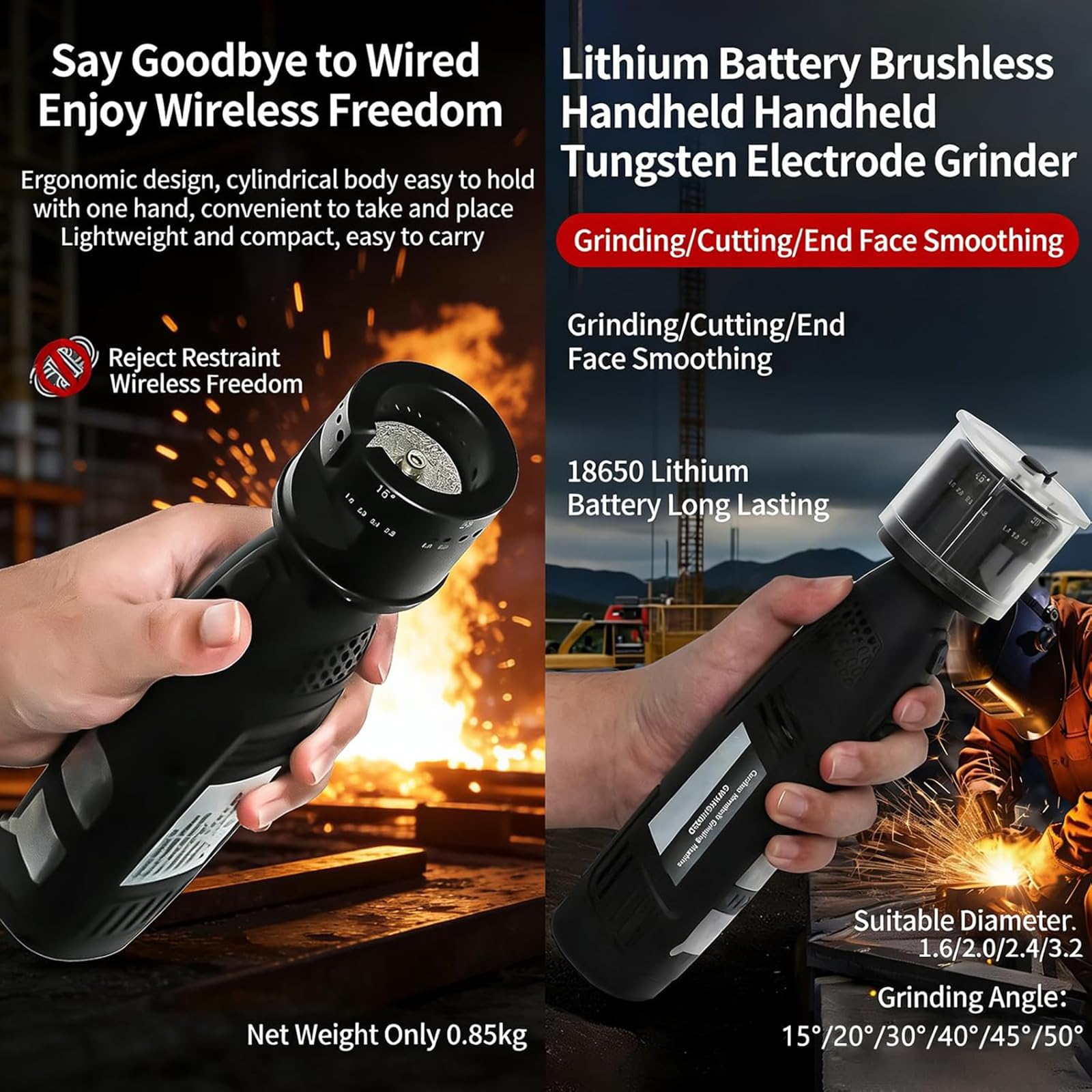 Afilador de electrodos de mano inalámbrico para electrodos de soldadura de 1,6 a 3,2 mm, cuenta con 6 ajustes de ángulo (15°-50°) compatible con la mayoría de herramientas giratorias