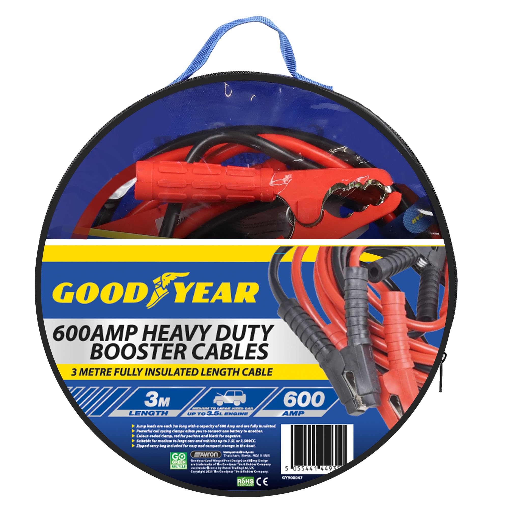 Goodyear Câbles de démarrage 3 m 600 A – Câbles de démarrage longs | Pinces à ressort hélicoïdal puissants | Pince à code couleur | Sac de transport zippé inclus | Câble entièrement isolé | Convient