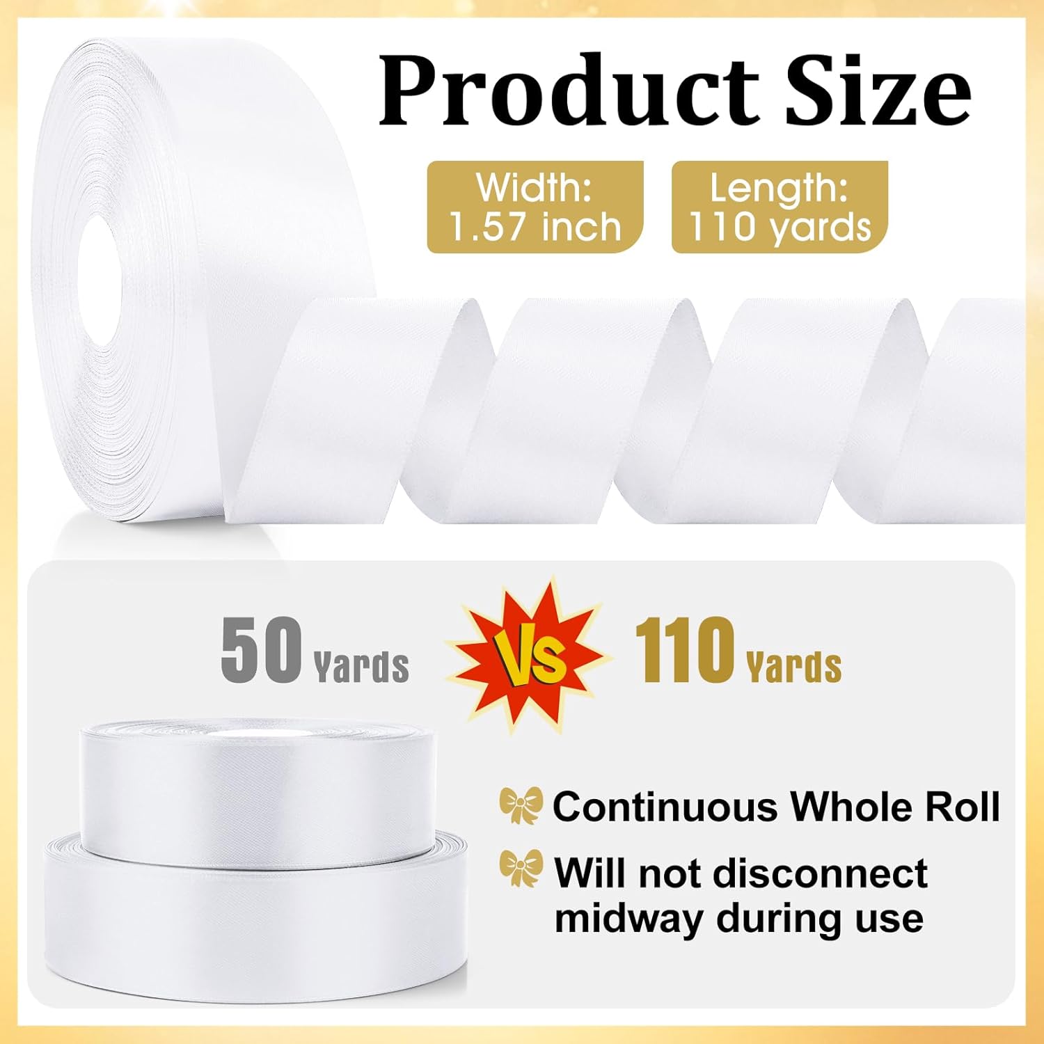 XSEINO 110 Yards Ribbon,1 1/2 Inch White Satin Ribbon for Flower Bouquet, Gift Wrapping, Ribbons for Crafts, Hair Bows Making, Wedding Party Decoration, Sewing, Invitation Cards, Christmas, Wreath - Image 2