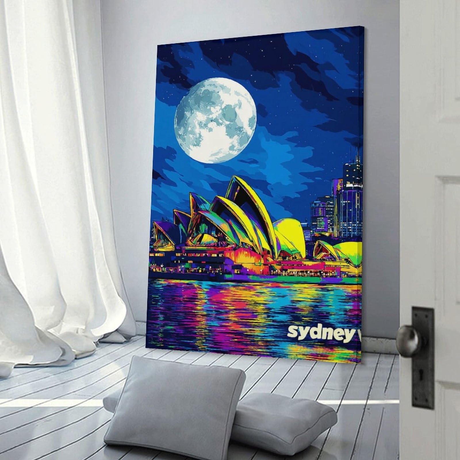 Junmoney Canvas Wall Art Colorful Sydney Opera House Under The Moonlight, 24x36inch(60x90cm), for New Homes, Bedrooms Or Workspaces, Canvas Artwork with Gifting Potential