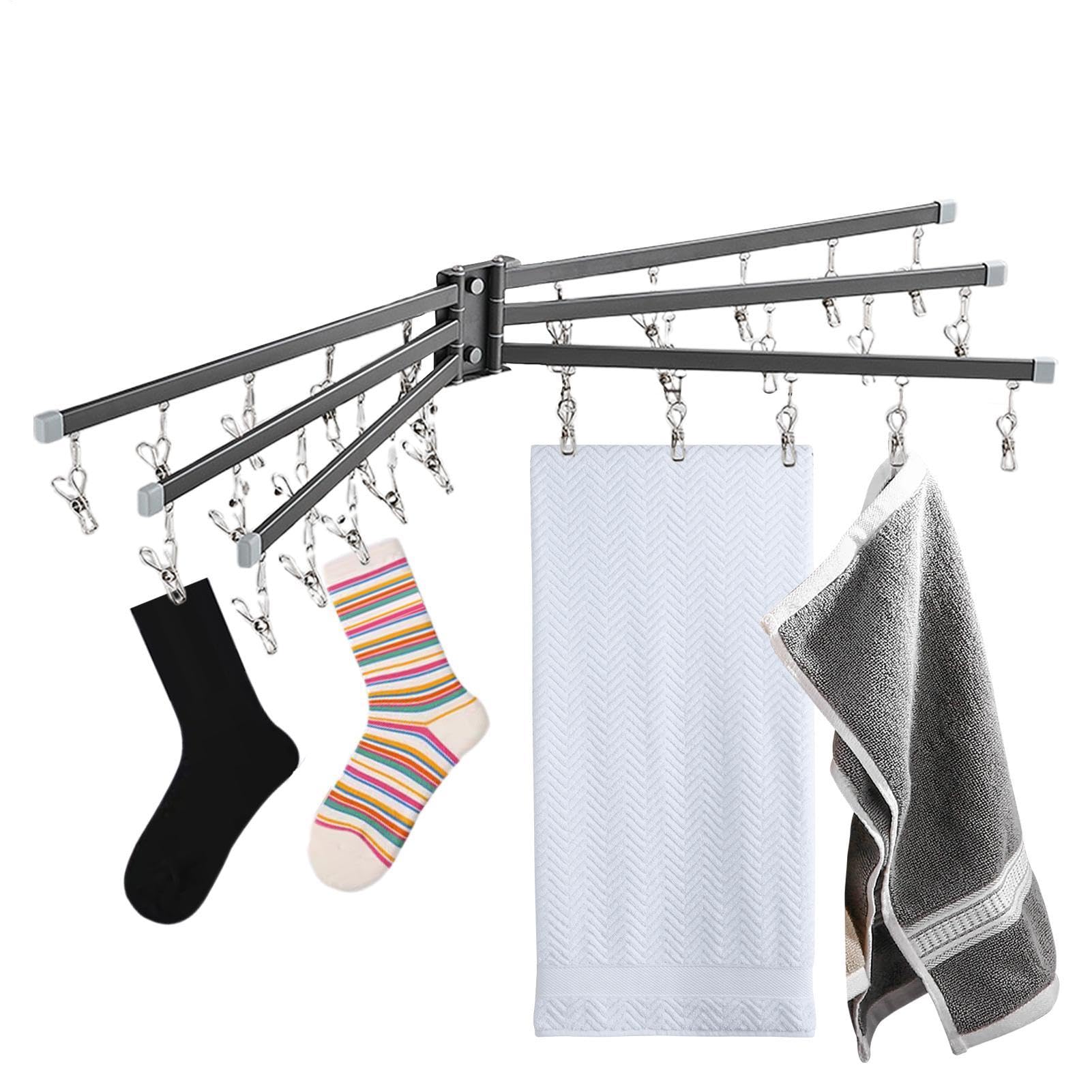 Appendicalze per asciugare – Stendibiancheria da parete in acciaio , , 43,2 cm, con molteplici clip, gancio antiruggine, gruccia antigoccia compatta per cappelli, reggiseni e viaggi