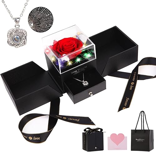 Preserved Red Real Rose with Necklace in 100 Languages,Eternal Flower Rose Box with Lights Romantic Gifts for Mum Wife Girlfriend on Christmas