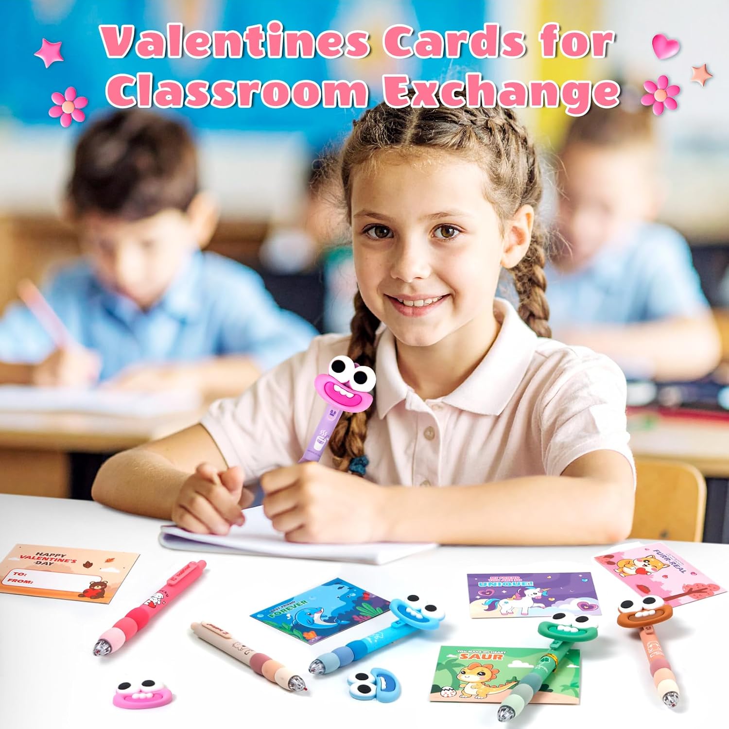 Valentines Day Cards for Kids School with 24 Pack Ballpoint Pen, Valentines Day Gifts for Kids School, Smile Ballpoint Pen with Greeting Cards for Valentines School Classroom Exchange Gift Party Favor