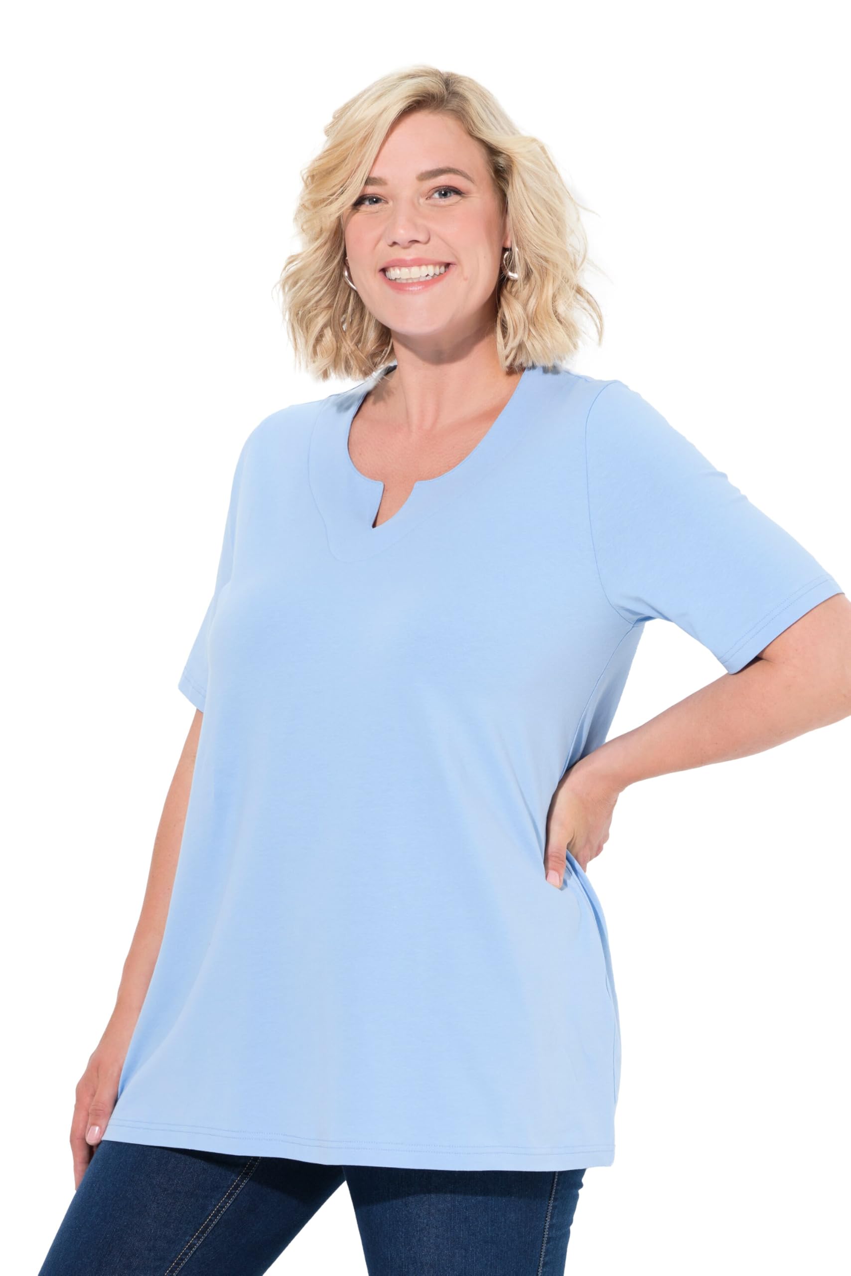 Ulla Popken Damen T-Shirt, A-Linie, Tunika-Ausschnitt, Halbarm Shirt Tropfenausschnitt