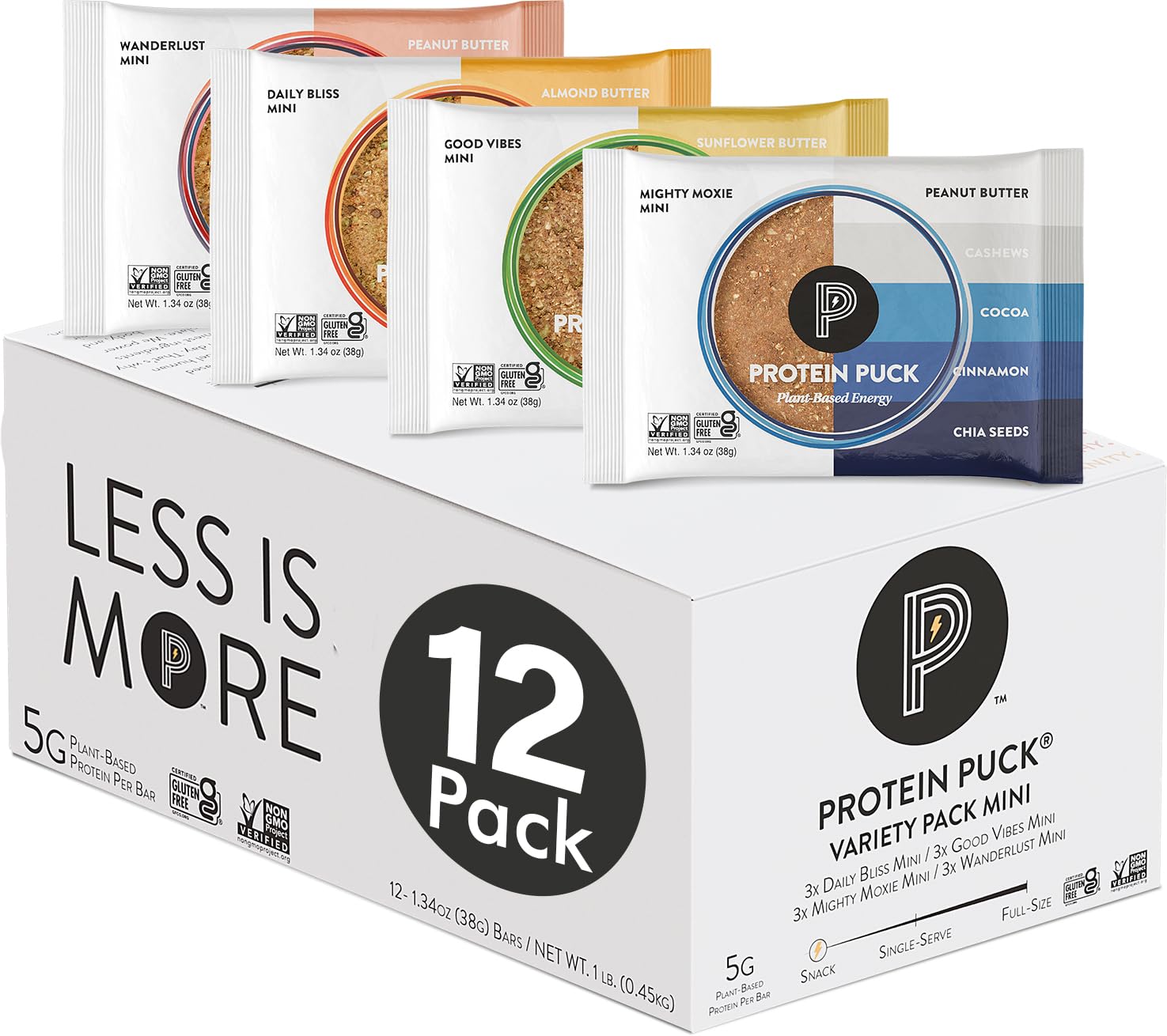 Protein Puck Vegan Plant based Protein Bar – Natural Healthy Snack Bars, 12 Count, 1.34oz Mini, Gluten Free, Dairy Free, No GMO, Kosher – Variety pack - Dark Chocolate, Peanut Butter, Sport Nutrition