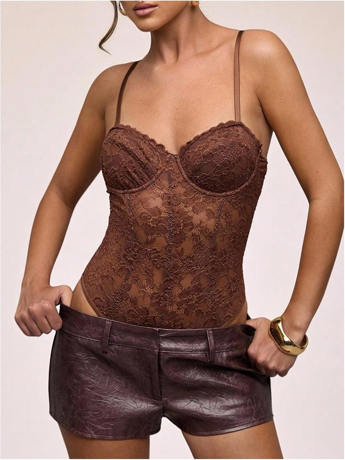 WDIRARA Women's Lace Corset Cami Bodysuit Sexy Low Cut Leotard Bustier Bodysuit - Image 4