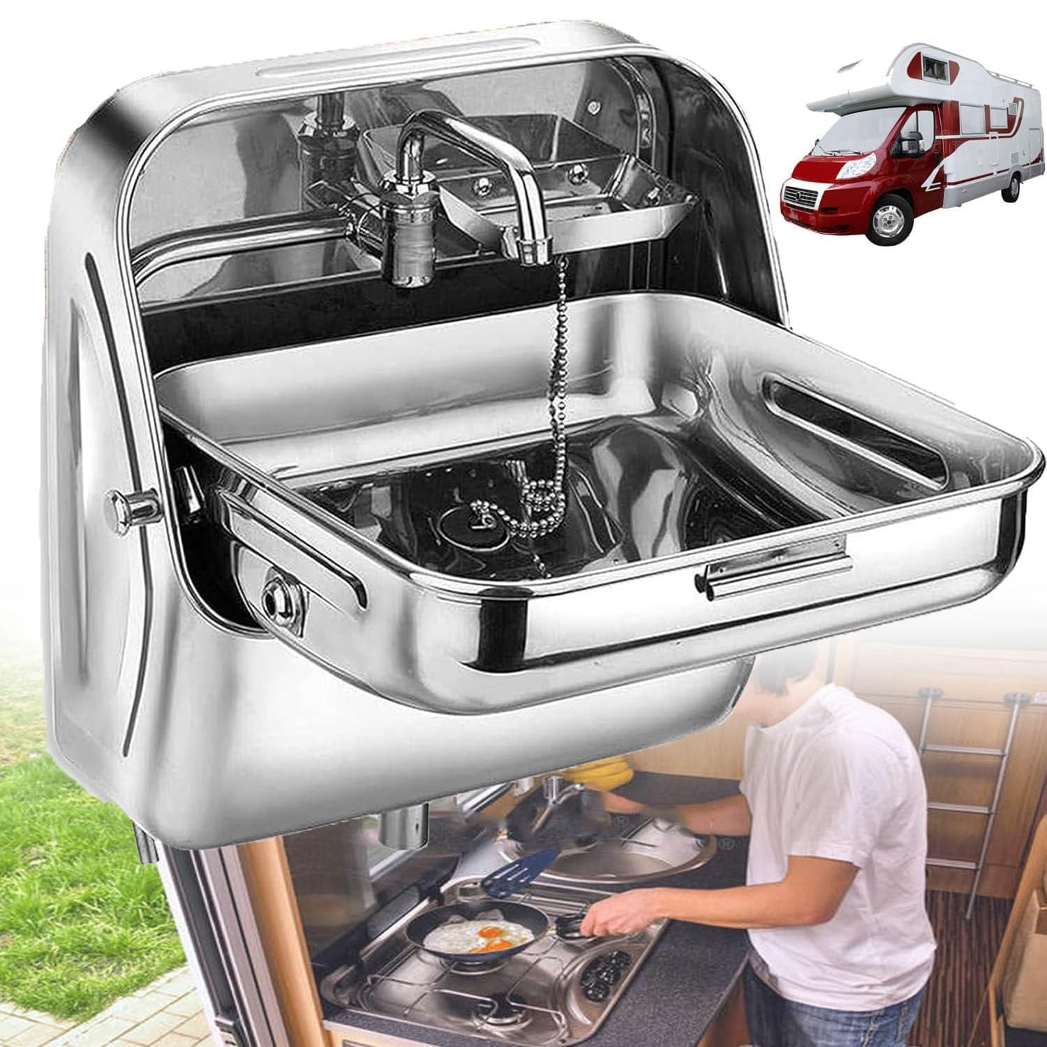 Wandmontiertes Waschbecken mit Kaltwasserhahn, faltbares Handwaschbecken für Wohnmobil, Wohnwagen, Boot, Wohnmobil, Badezimmer, Küche, WC