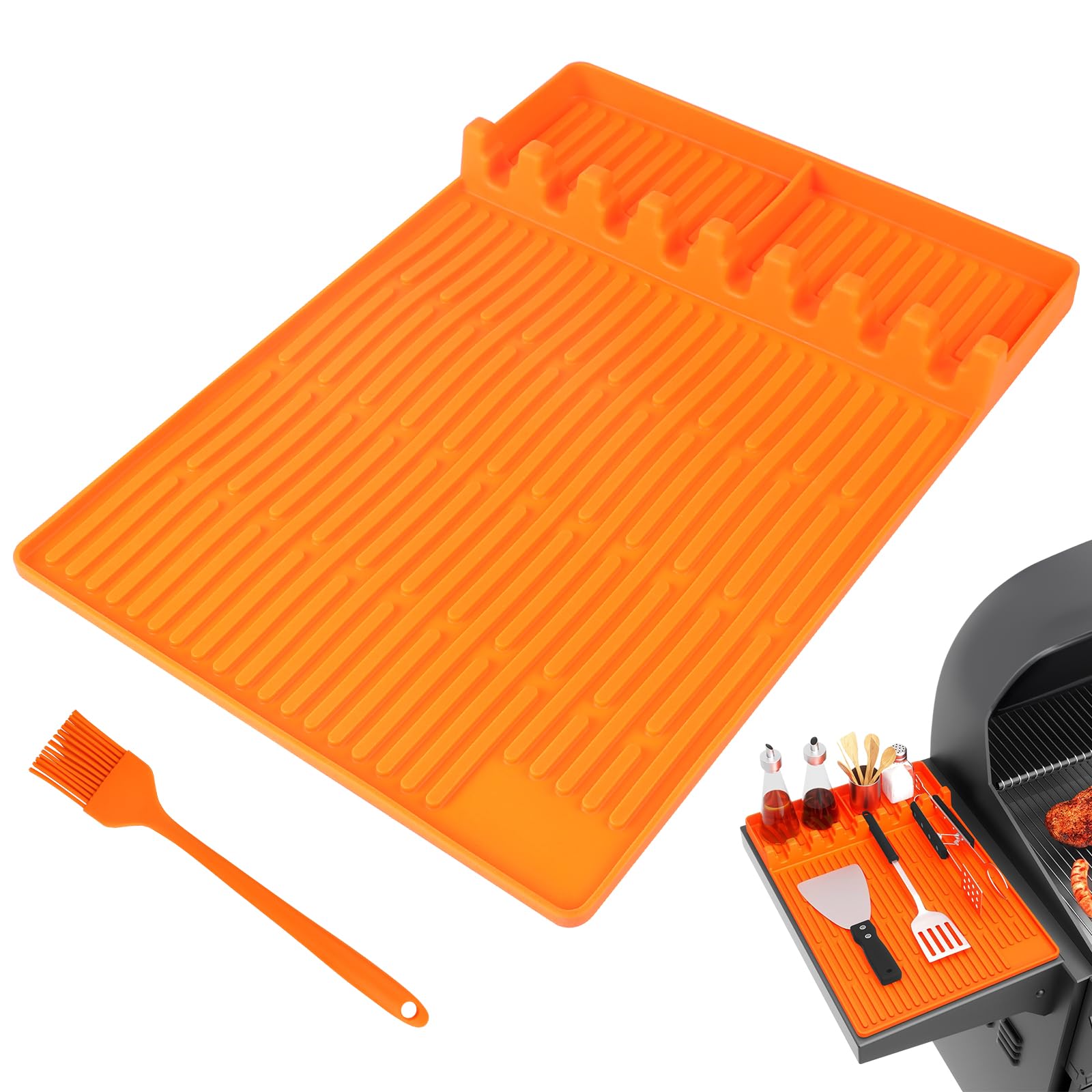 DBREAKS BBQ Grill Mats and Side Tables, Includes Brush, Hanger, Silicone Grill Mat for BBQ, Orange