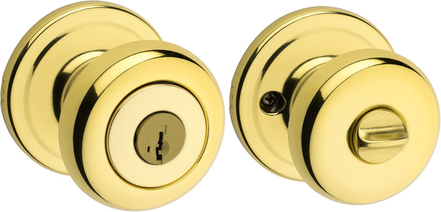 Kwikset Juno Entry Door Knob with Lock and Key, Secure Keyed Handle Exterior, Front Entrance and Bedroom, Polished Brass, Pick Resistant SmartKey Rekey Security Kwikset Juno Entry Door Knob with Lock and Key, Secure Keyed Handle Exterior, Front Entrance and Bedroom, Polished Brass, Pick Resistant SmartKey Rekey Security