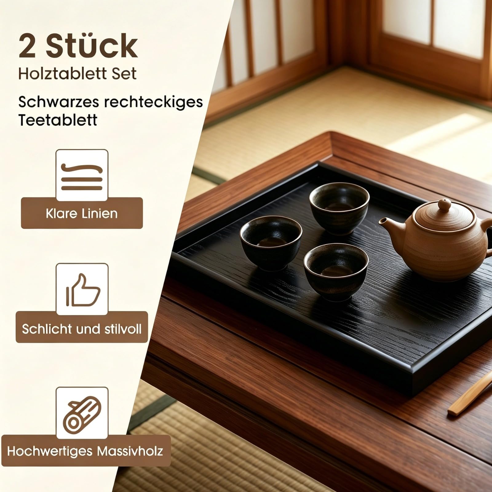 Set di 2 vassoi in legno, 40 x 30 cm e 25 x 18 cm, rettangolari, nero, vassoio da cucina per colazione, tè, caffè, per bagno, ristorante, hotel, caffè (2)