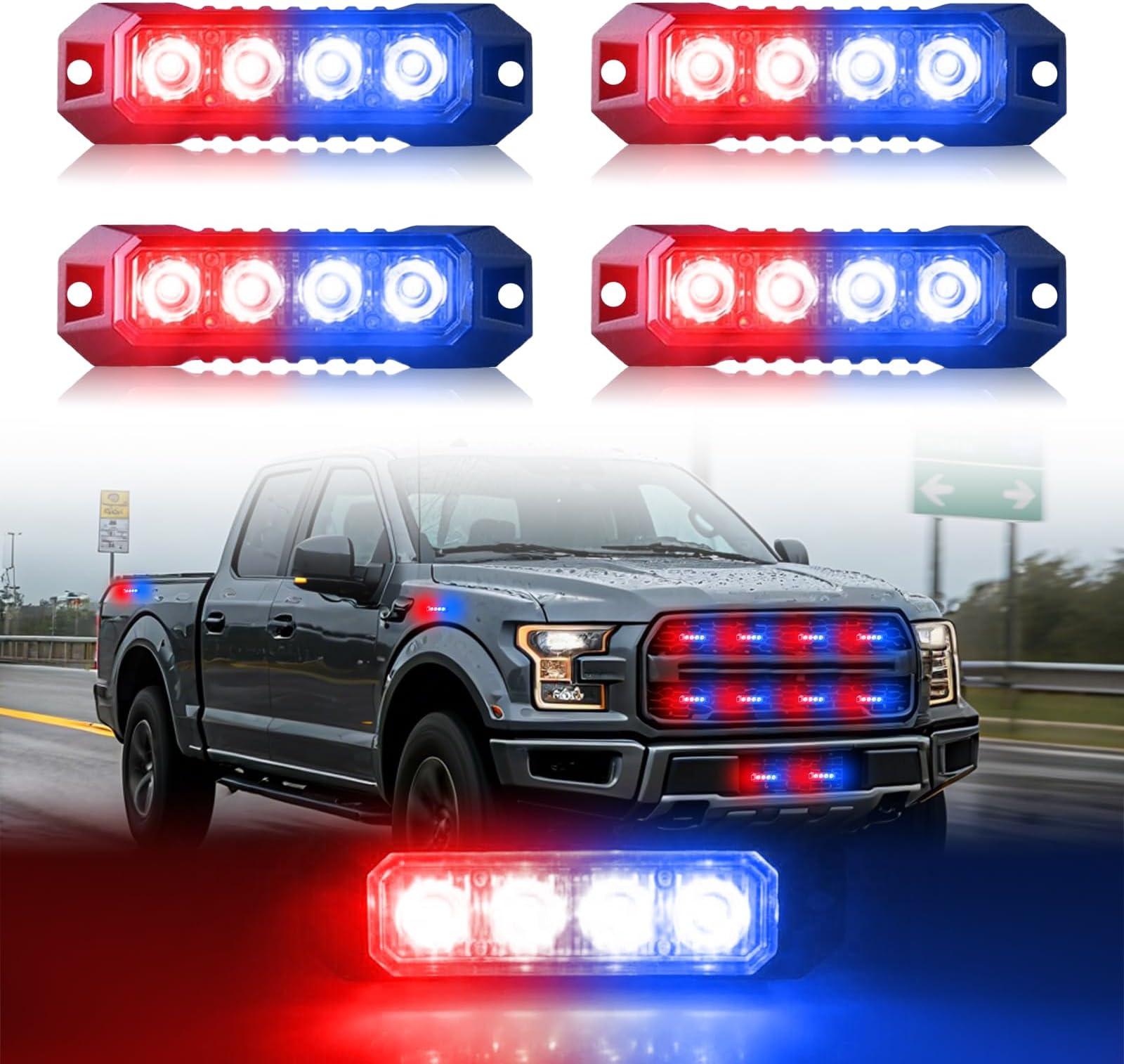 4-LED Red Blue Surface Mount Strobe Lights for Police Trucks Car Vehicle LED Mini Grille Light Emergency Head Flashing Warning Police Light, Ultra Slim 4pcs Sync Feature (Red&Blue)