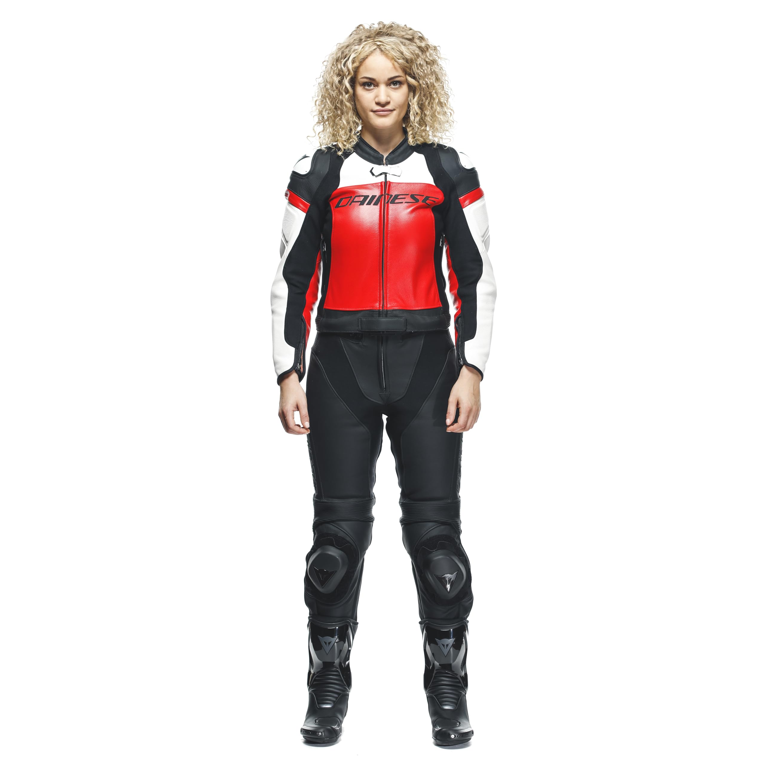 Dainese Mirage Lady - Tuta da moto da donna, 2 pezzi, in pelle, colore nero/rosso lava/bianco, 23