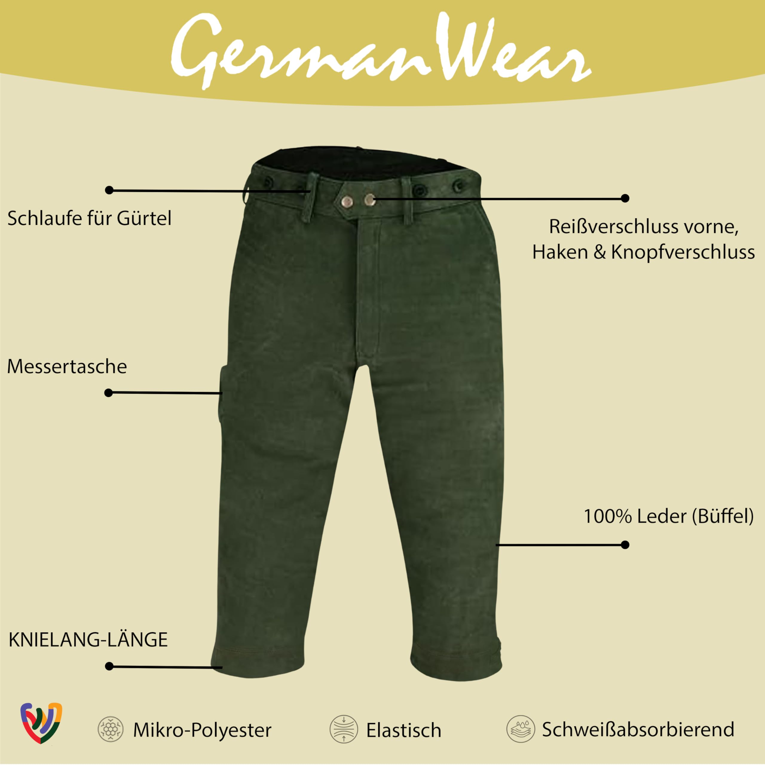 German Wear Jagd Lederhose Kniebundhose Jägerhose Trachten & Wanderhose Nubuckleder