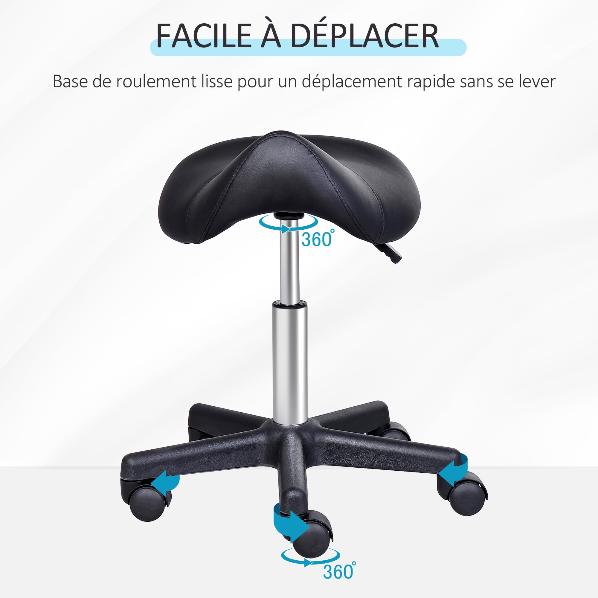 HOMCOM Tabouret à roulettes, Tabouret de Massage avec Hauteur réglable 43-55 cm et Selle Ergonomique, Chaise de Travail à roulettes pivotant 360°, pour Salon de Massage, Tatouage, Clinique, Spa, Noir