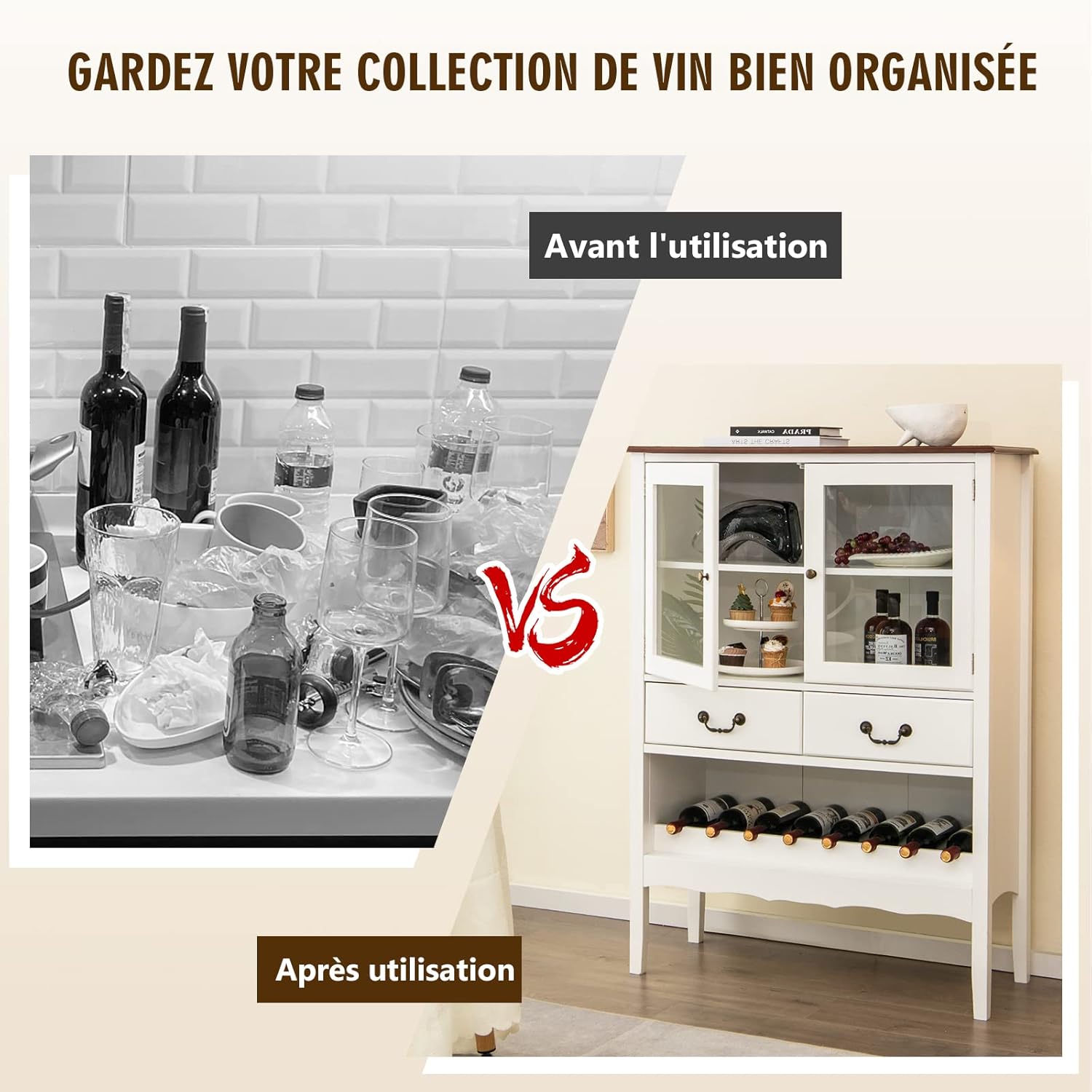 Before and after image showing a cluttered counter versus an organized cabinet.