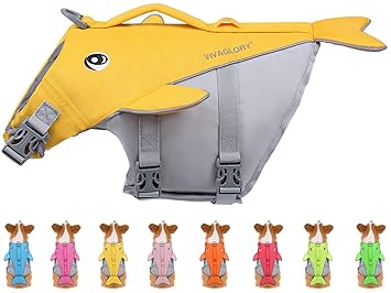 VIVAGLORY Whale-Shape Life Jacket for Dogs with Safety Light Loop, Life Vest with Reflective Stripes, Adjustable Pet Life Preserver with High Buoyancy Swimsuit, Yellow XL