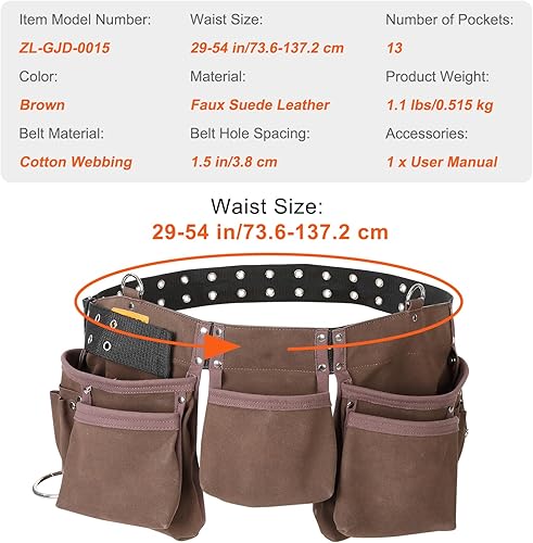 Miniatura 10 de VEVOR Cinturón de herramientas de 13 bolsillos, se ajusta de 29 a 54 pulgadas, bolsa de herramientas de cuero resistente con bucles dobles para