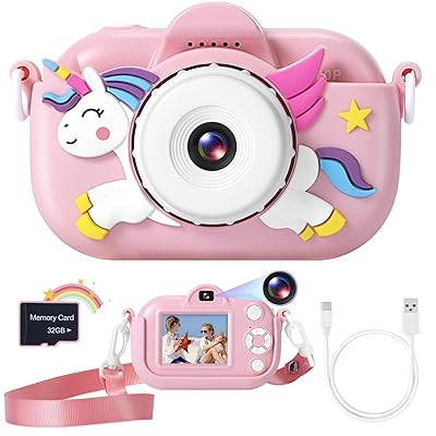 Kids Camera Toys for Girls Age 3-8, Kids Digital Camera Toddler Camera for 3 4 5 6 7 8 Years Old Birthday Gifts, 1080P Video Cameras with Cute Protective Cover & 32GB SD Card