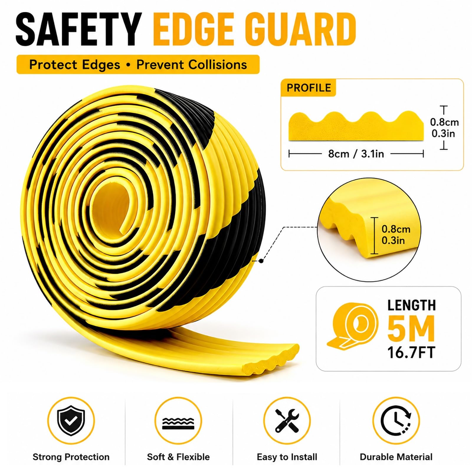 Protector de Bordes de Seguridad de 5 M, Tira Protectora de Esquinas en Negro y Amarillo con Respaldo Adhesivo, para Paredes, Almacenes, Estacionamientos y Equipos