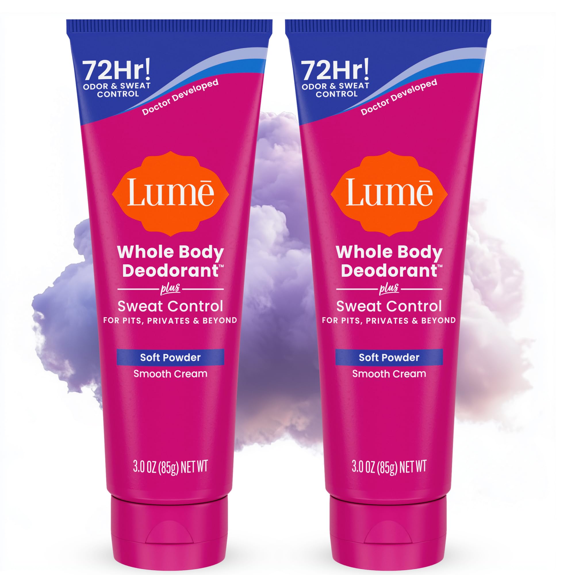 LumeWhole Body Deodorant Plus Sweat Control - Smooth Cream Tube - 72 Hour Odor And Sweat Control - Baking Soda Free, Skin Loving - 3.0 ounce (Pack of 2) (Soft Powder)