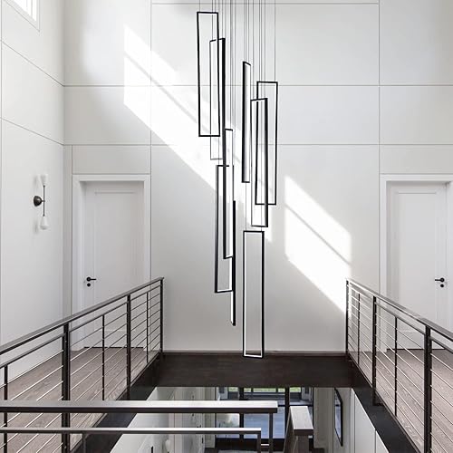 Miniatura 10 de Candelabro moderno de 5 luces LED negro largo colgante grande colgante de iluminación alto para pasillo, escaleras, escaleras, control remoto