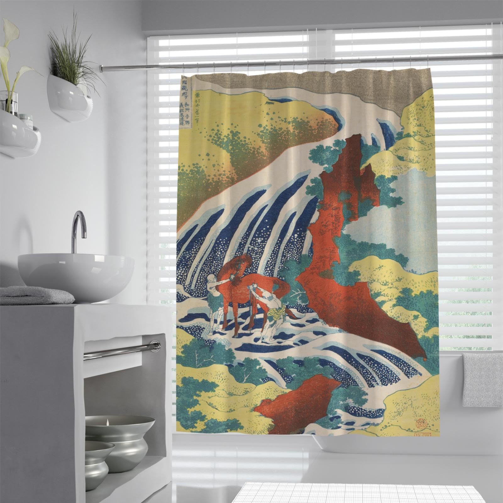 Juego de Cortinas de Ducha japonesas Ukiyo-e Cascada Abstracta Cascada Creek Riverside Cortinas de baño Retro Cortina de Ducha de Tela Lavable a máquina 240x180cm