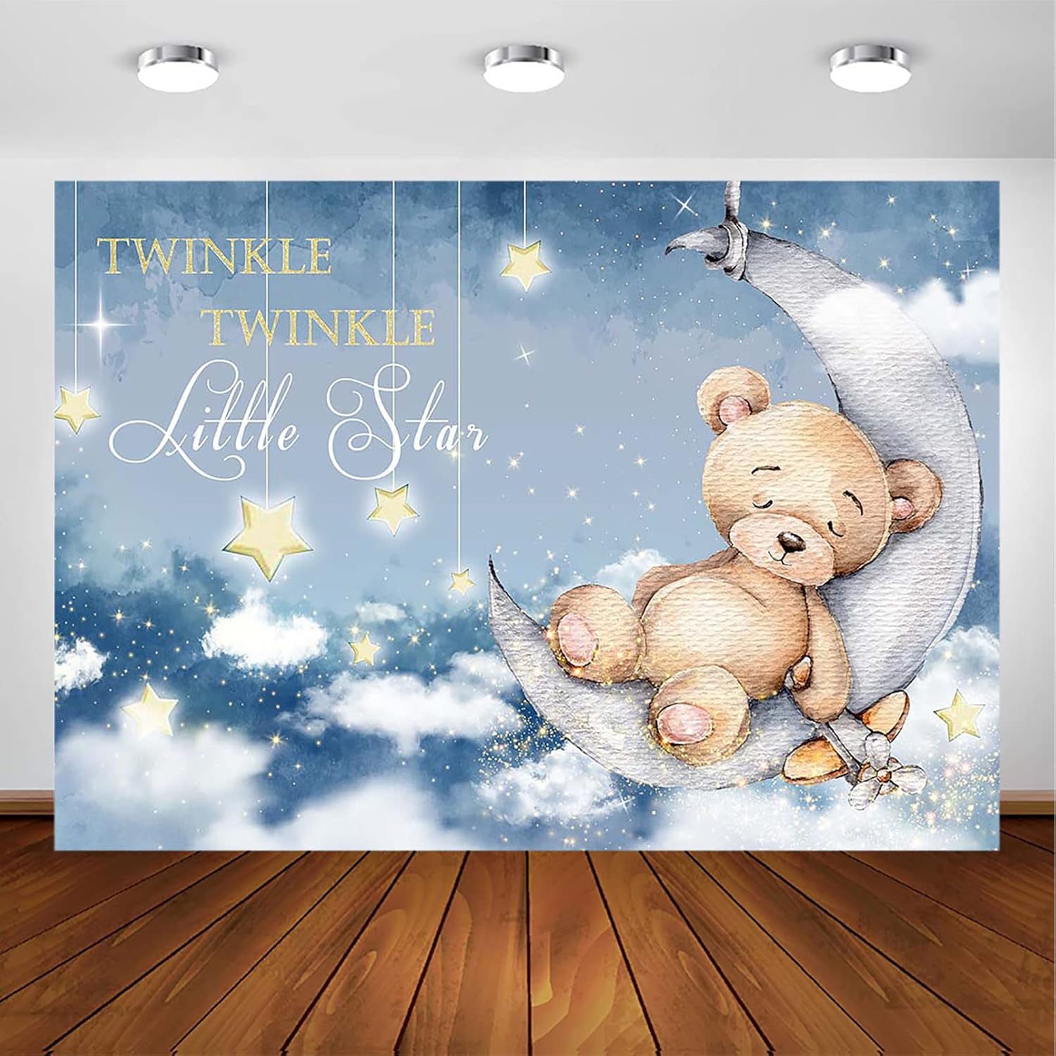 Avezano Twinkle Twinkle Little Star Baby Shower Backdrop Deep Blue Moon Stars Baby Shower Party Decorations for Baby Girl Boy Toy Bear Photography Background Cake Table Banner (8x6ft)