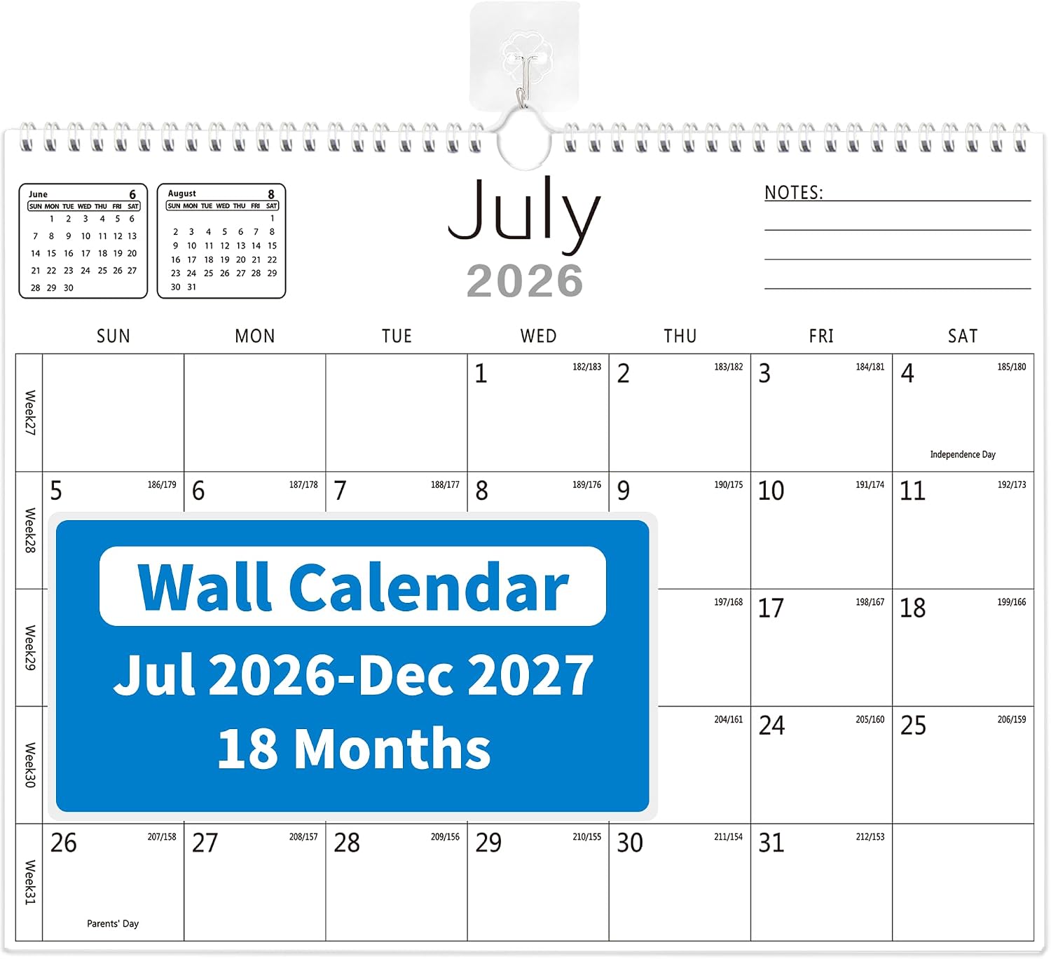 MZD8391 Wall Calendar 2026-2027, Jul 2026 - Dec 2027 (18 Months), 14" x 11"