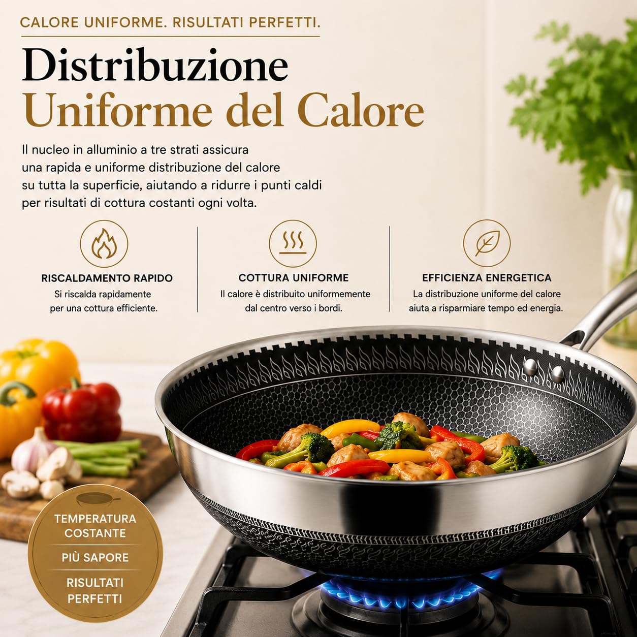 Wok Antiaderente con Coperchio 4.5L / 6L – Extra Profondo, Acciaio Inox, Nido d’Ape, Senza Sostanze Chimiche, Induzione, Gas, Vetroceramica, Manico Freddo, Rivestimento Greblon Tedesco (30 CM)