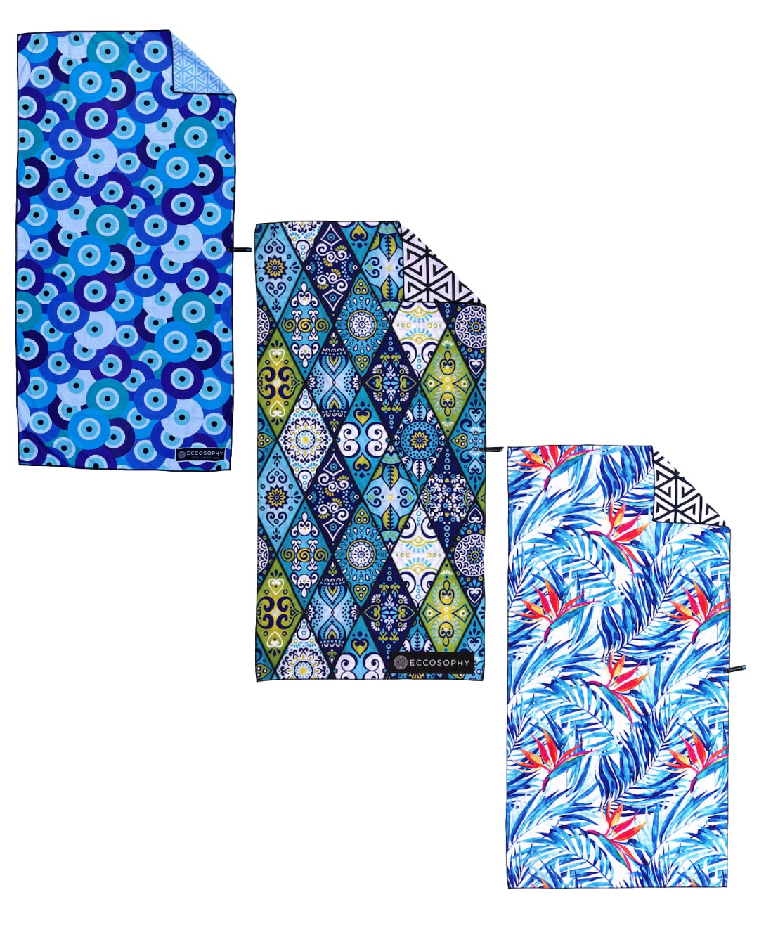 ECCOSOPHY Trio Bundle - 3 quick dry microfiber beach towels. A for women, men, kids and even pets!