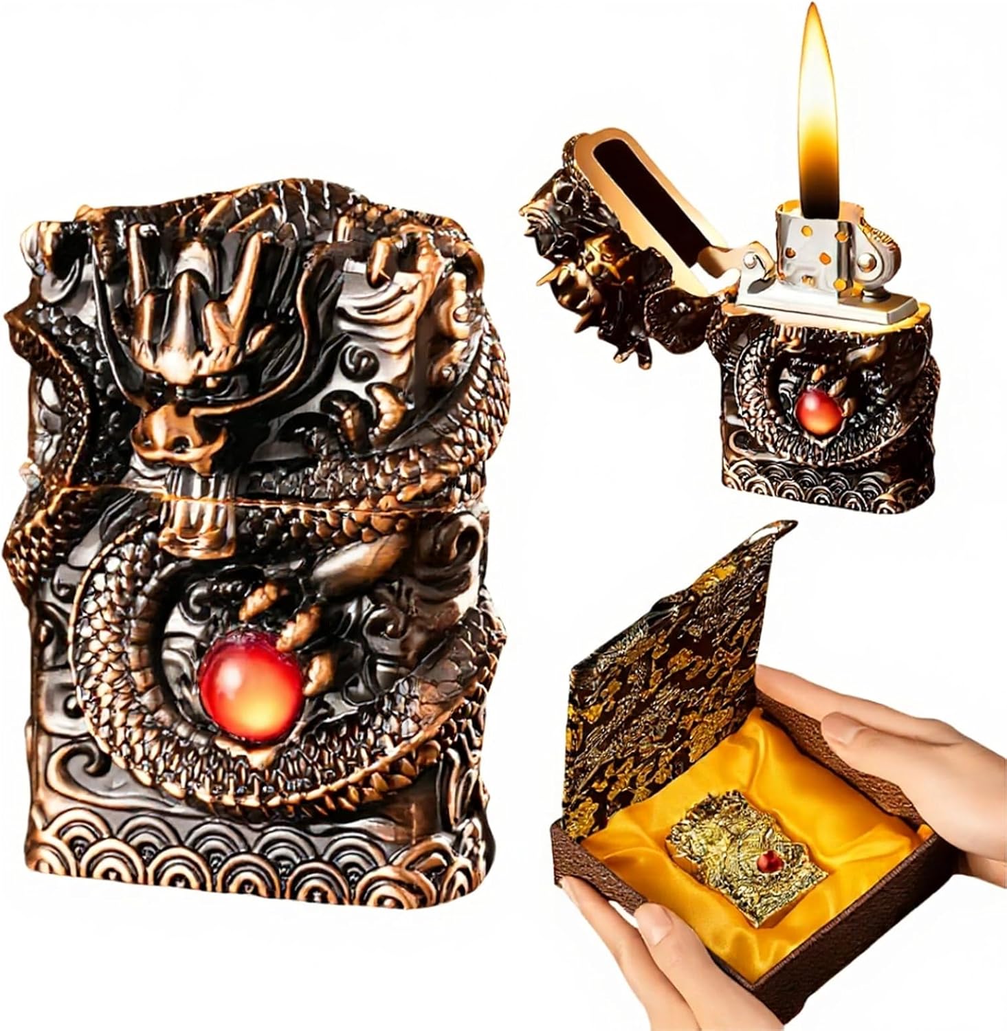 Refillable Kerosene Lighter - Vintage Dragon Design, Windproof Soft Flame Trench Lighter for Men & Women, Collectible Antique Gifts (Colored)