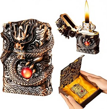 Refillable Kerosene Lighter - Vintage Dragon Design, Windproof Soft Flame Trench Lighter for Men & Women, Collectible Antique Gifts Bronze