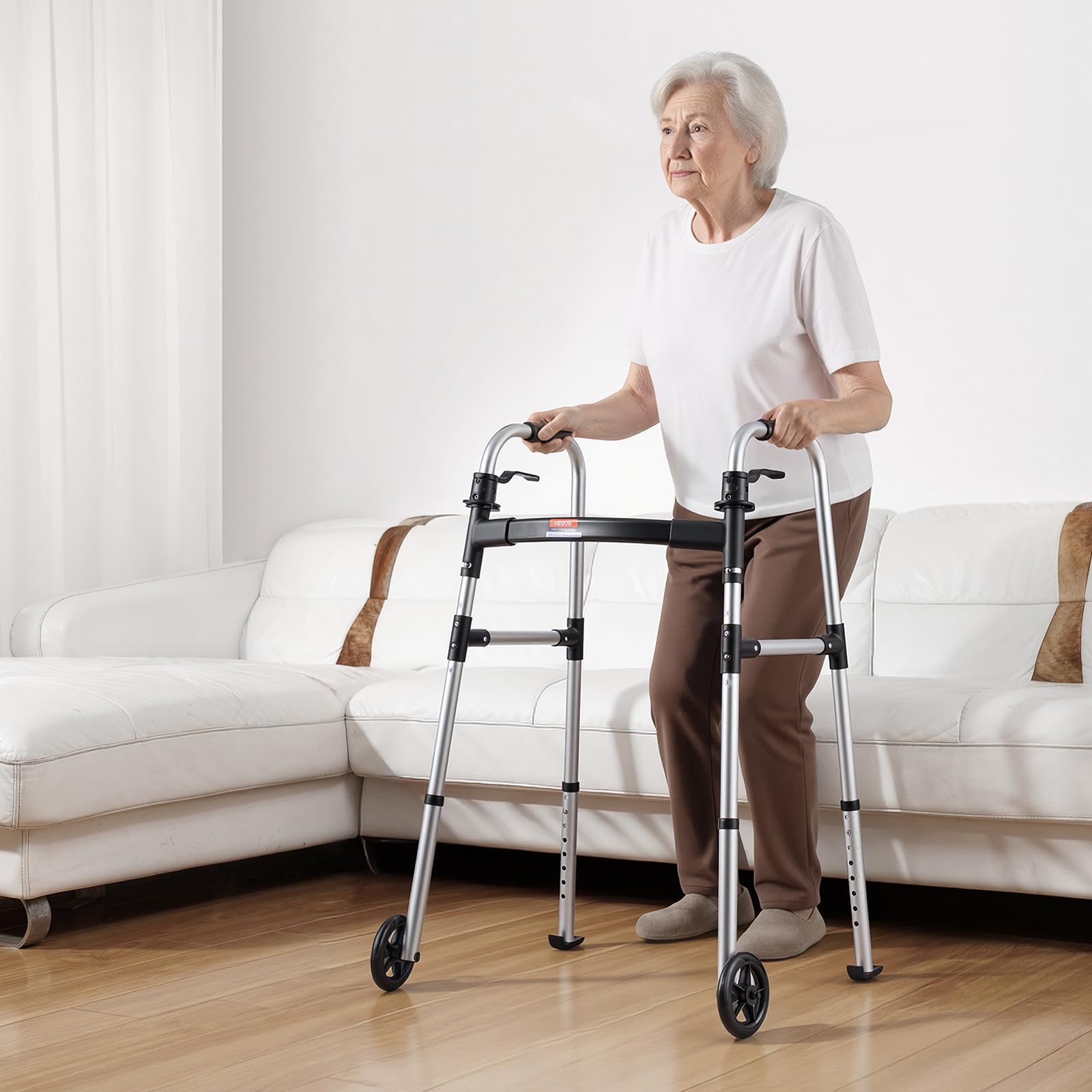 VEVOR Deambulatore Pieghevole per Anziani a 2 Pulsanti con Ruote da 127 mm e Altezza Regolabile su 8 Livelli, Ausilio per la Deambulazione in Alluminio Leggero con Portata di 158 kg, per Adulto