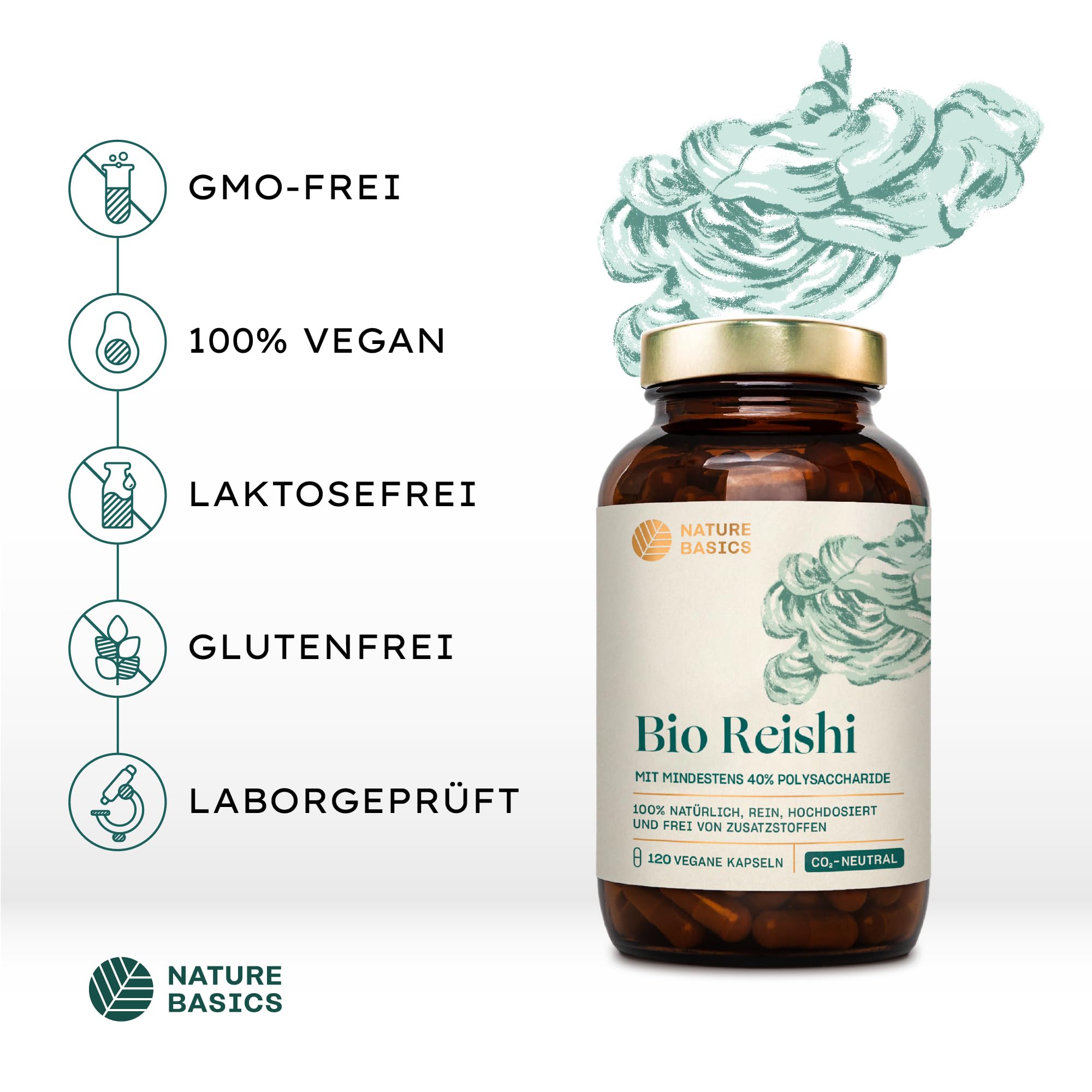 Bio Reishi - 120 Kapseln hochdosiert / 1500 mg hochwertiges Bio Reishi Extrakt mit 600 mg Polysacchariden pro Tagesdosis/Vegan, Zertifiziert & Nachhaltig im Glas