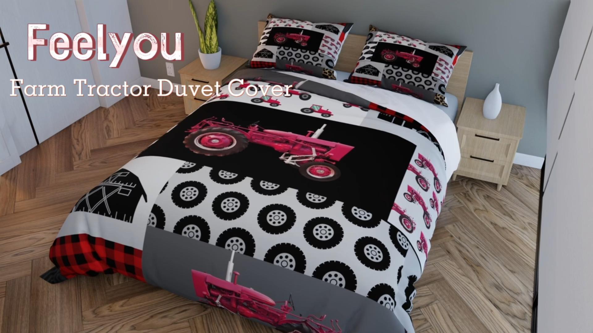 Kids Tractor Comforter Cover Set - Twin Size Farm Theme Bedding (Duvet Cover + Pillowcase)