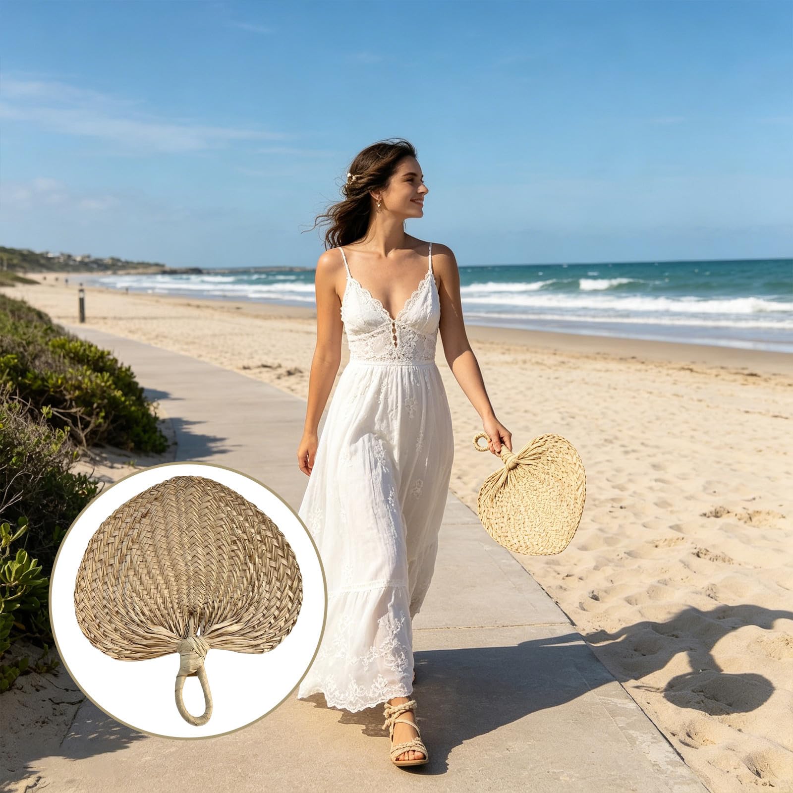 Handgefertigte Palmblatt Fächer 12 Stück aus Bulrush für Hochzeiten | Beige, Handgewebt und Wiederverwendbar, für Braut und Brautjungfern bei Outdoor Zeremonien
