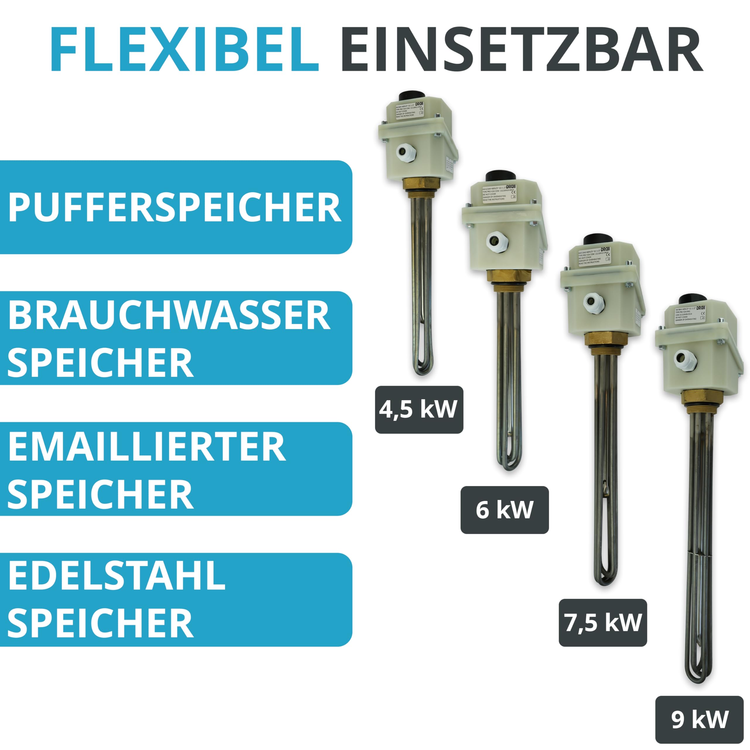 Heizstab, Heizstab Warmwasserspeicher, Heizstab 1 1/2 Zoll, Heizpatrone Pufferspeicher 9kw, Heizstab Pufferspeicher, Heizelement 400V für Edelstahl und Emaillierte Wasserspeicher (9 kW)