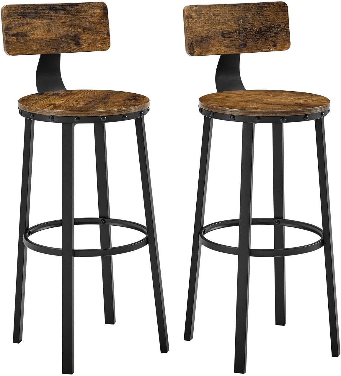 VASAGLE Bar Stools, Tall Bar Chairs with Backrest, Set of 2 Kitchen Stools, Heavy-Duty Steel Frame, 28.8-Inch High, Easy Assembly, Industrial, Rustic Brown and Black ULBC026B01