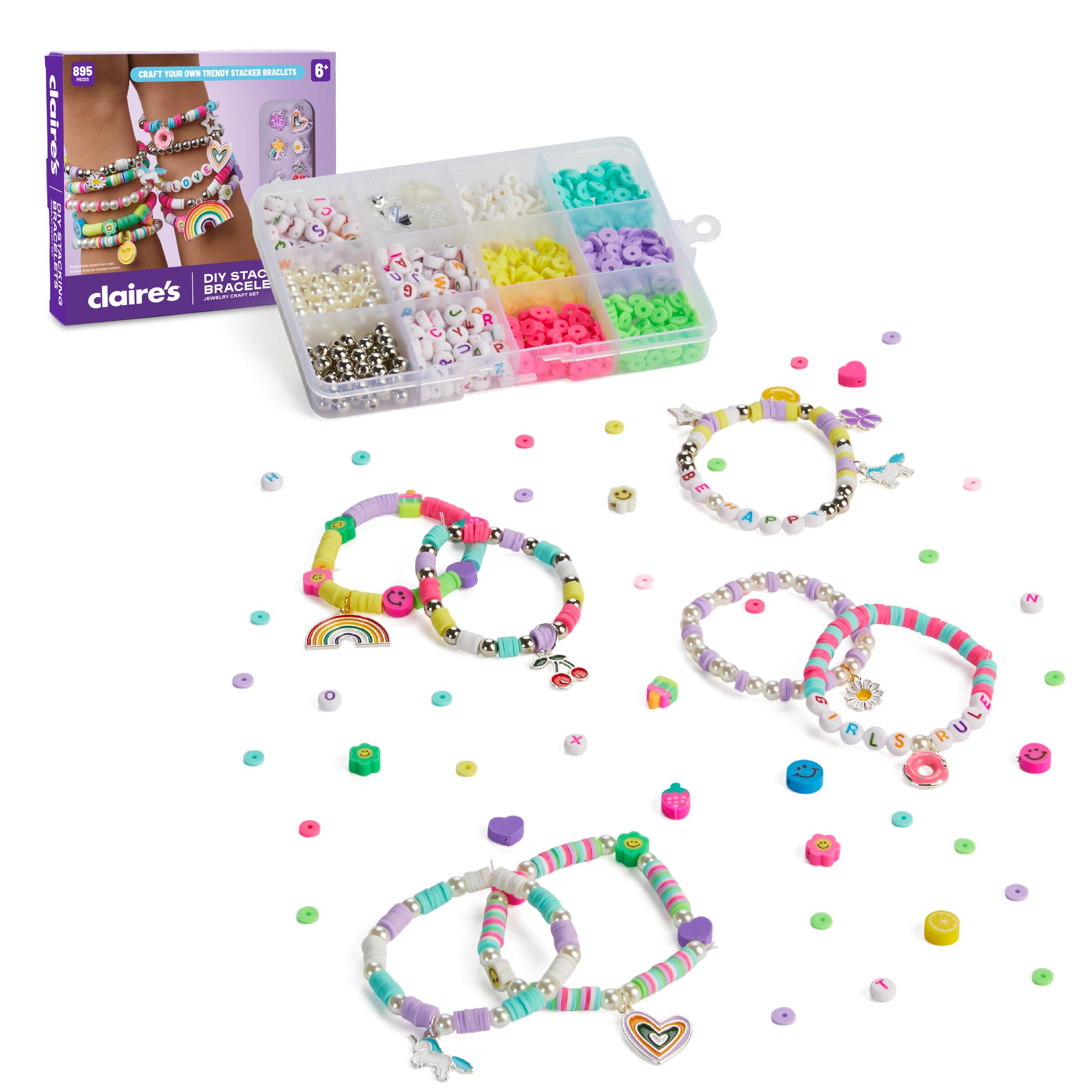 Claires DIY Bracelet Kit  895-Piece Jewelry Making Supplies Set| Clay Heishi Beads, Alphabet, Charms, String| Friendship Bracelet Kit for Girls| Arts & Crafts Activity| Fashion Accessory Gift Age 8+