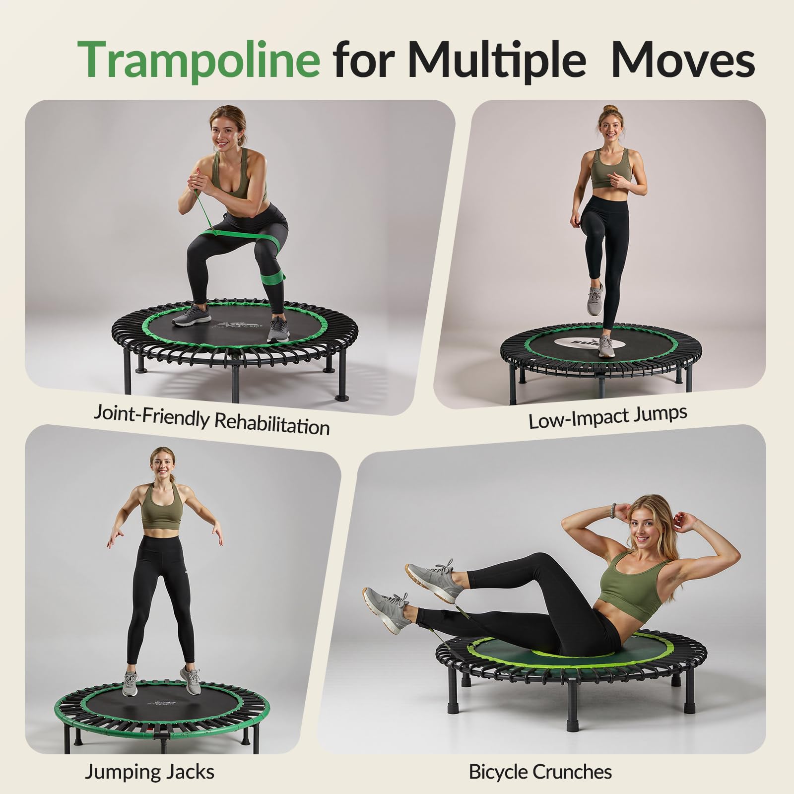 BCAN Fitness Indoor-Trampolin, Ø 102/122 cm Durchmesser, Bungee/Feder-Minitrampolin, geeignet für Erwachsene bis 204/250 kg, Bodentrampolin mit verstellbaren Griffen, leise und vibrationsarm