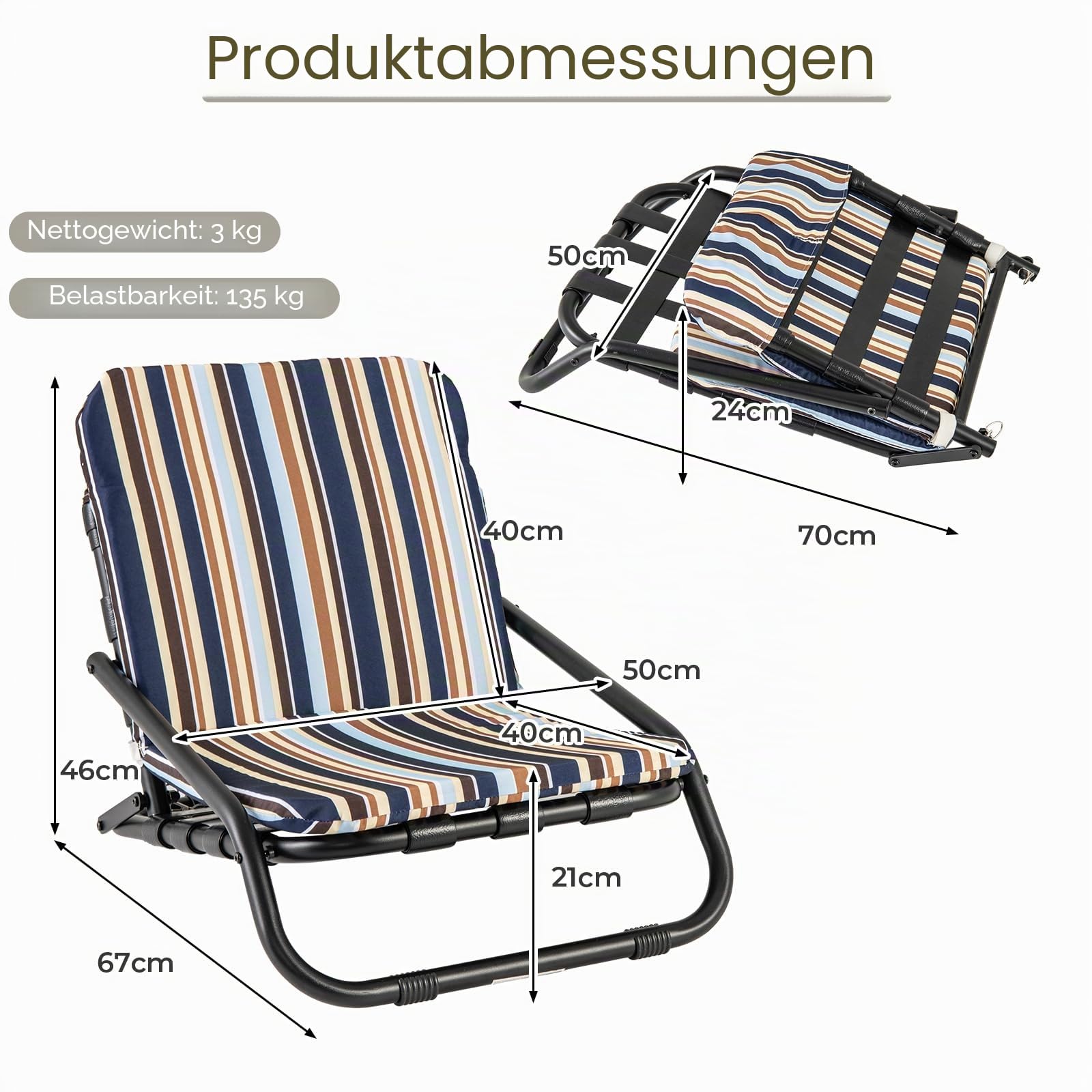 KOMFOTTEU 2er Set Strandstühle, Campingstühle faltbar mit weichem Kissen, Klappstühle mit Schultergurten, Strandkorb mit rutschfesten Füßen, für Picknick, Garten, Camping, 67 x 50 x 46 cm