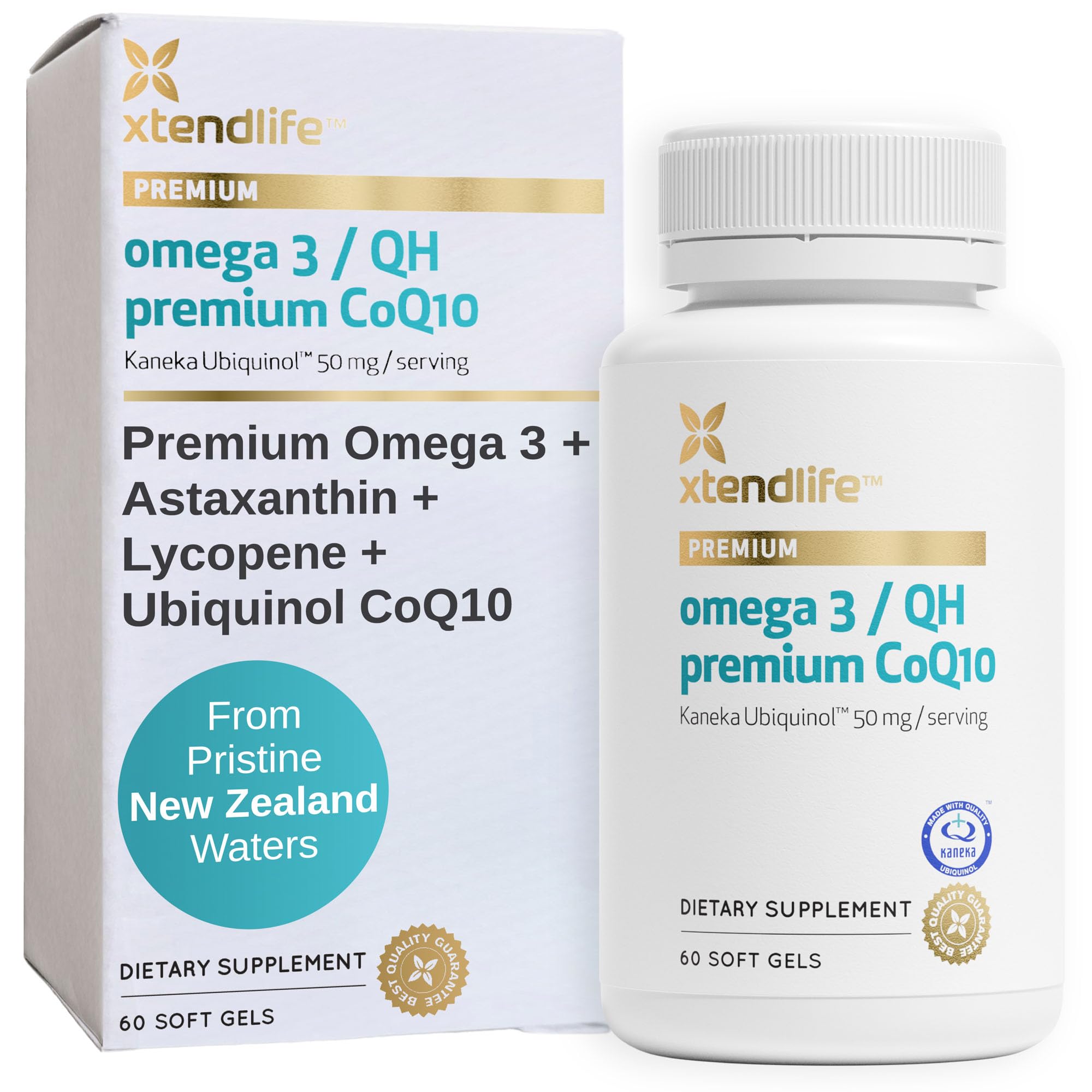 XTENDLIFE Omega 3 QH Premium Fish Oil, Exclusive Formula with Astaxathin and Lycopene Plus CoQ10 Ubiquinol for Optimum Heart Health Support, Men and Women, 60 Gluten Free Soft Gels