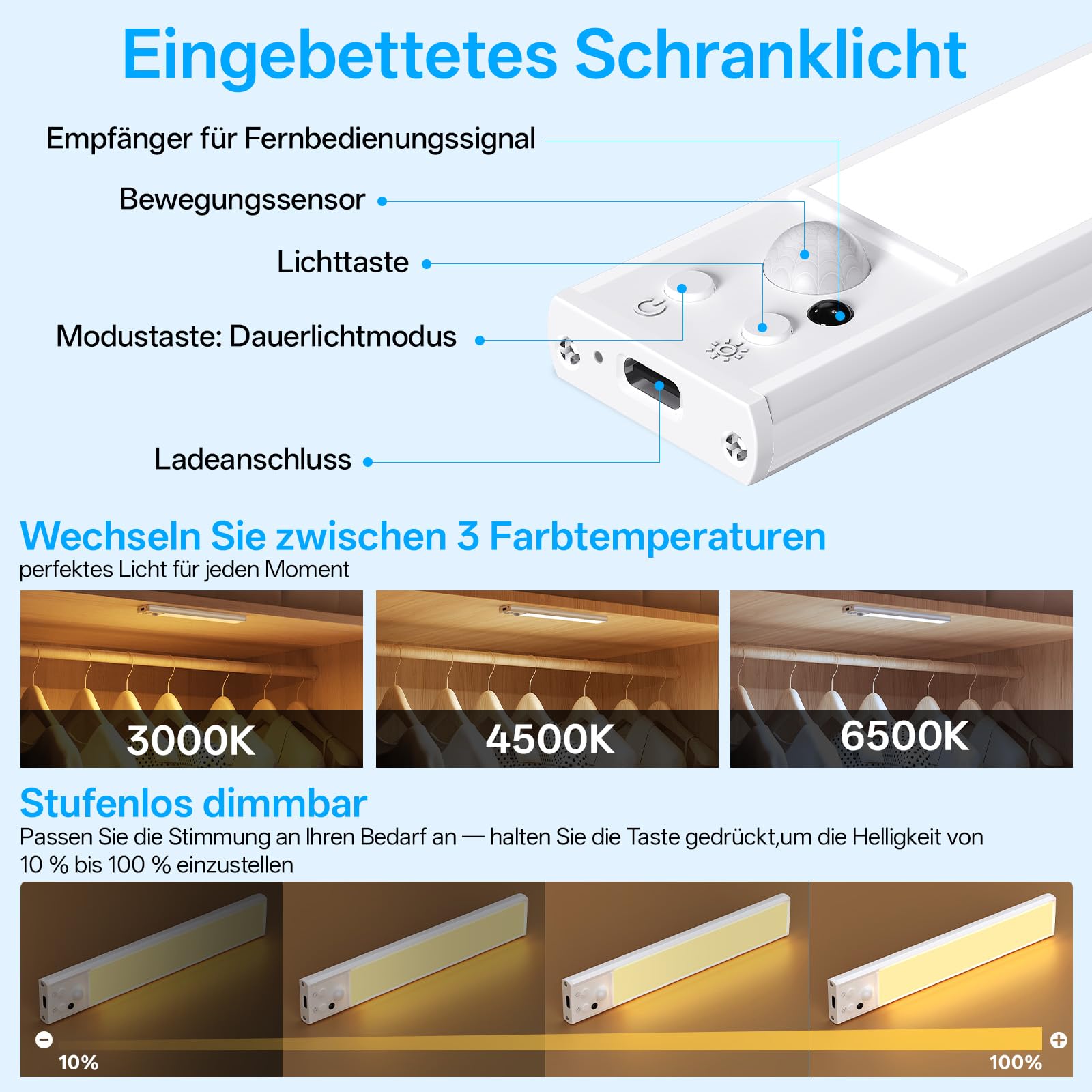 Schrankbeleuchtung mit Ladestation, 6 Stück Schranklicht mit Bewegungsmelder, Dimmbar Helligkeit, 3 Betriebsmodi & 3 Farbtemperaturen, Unterbauleuchte Küche Led Akku für Schränk, Küche