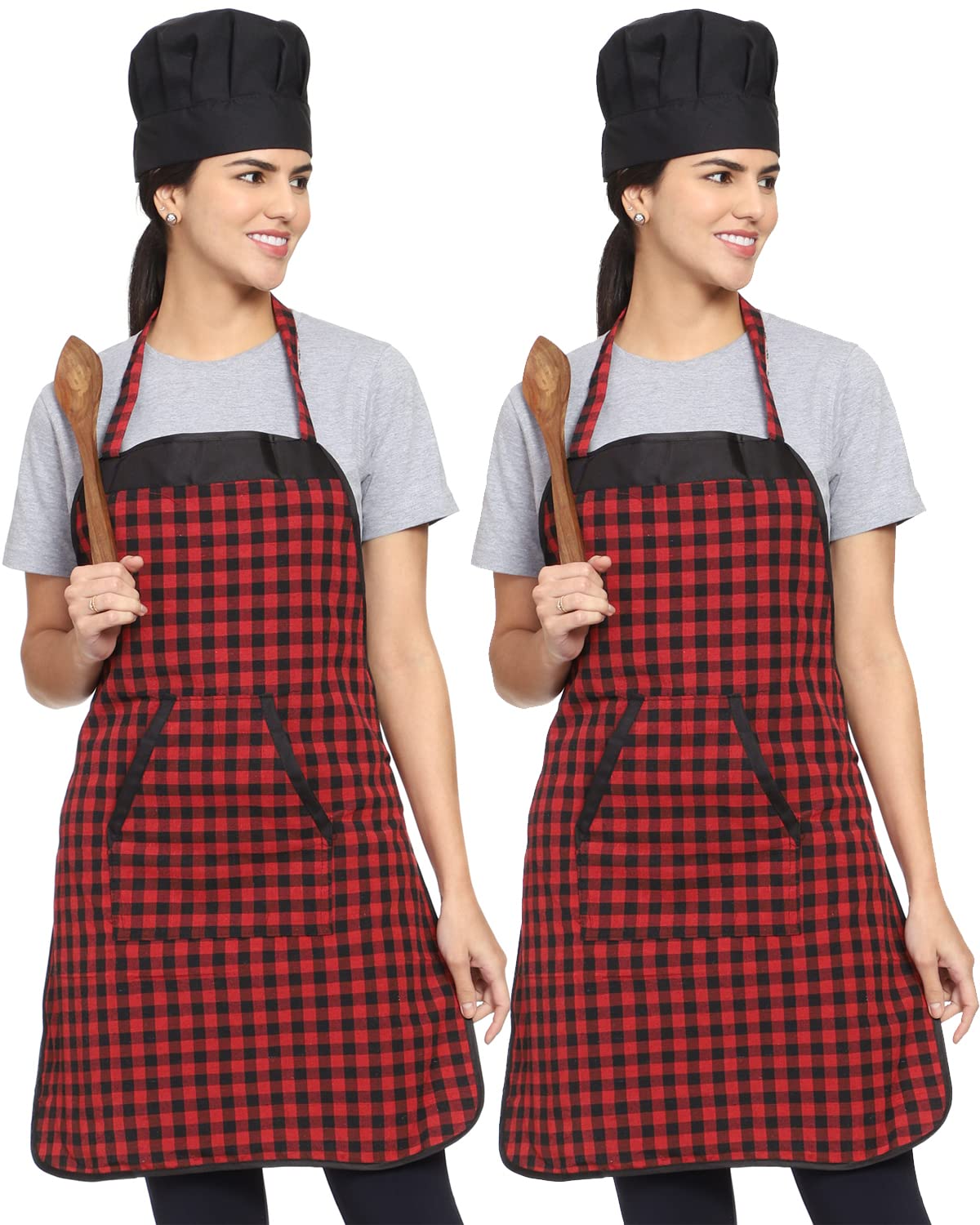 Whitewrap Check Cotton Fabric Cross Dual Pocket Aprons For Women Kitchen Waterproof With Chef Cap, Waterproof Chef Cooking Kitchen Aprons with Pockets for Men And Women