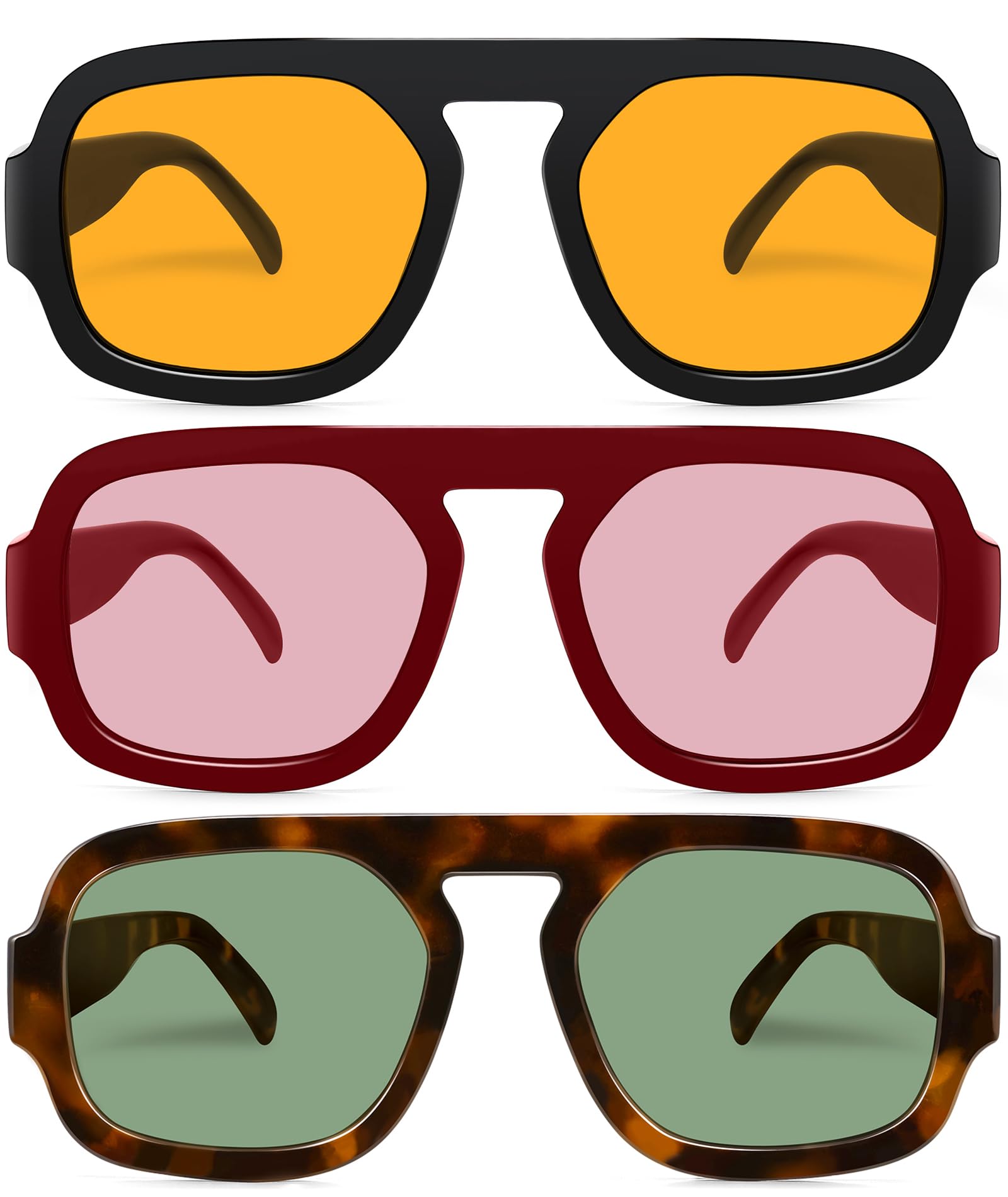 Retro Square Aviator Sunglasses for Women Men 70s Vintage style Shades Trendy Flat Top UV Protection Sun Glasses 3pack (Red Wine/Light Red+black/Orange+tortoise/G15) color/lenscolor