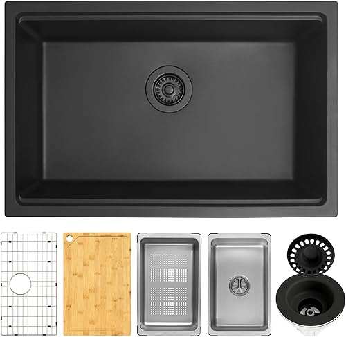 Lonsince Fregadero de cocina negro, fregadero de cocina empotrado de 28 x 18 pulgadas, fregadero de cocina negro, fregadero de cocina de un solo