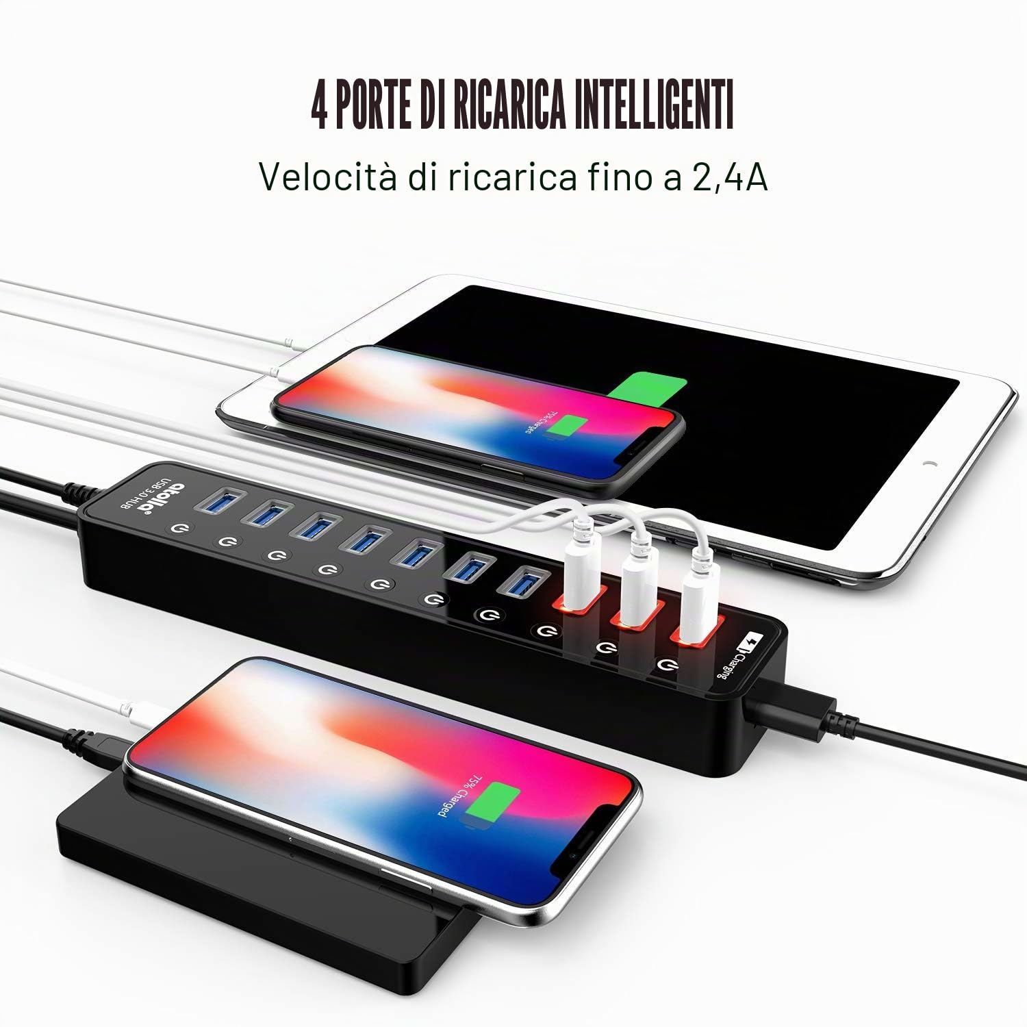 Hub USB 3.0 multipresa, atolla 11 porte Hub USB alimentato AVCE 7 porte trasferimento dati 5 Gbps,4 porte ricarica intelligente e interruttori e LED di alimentazione individuali, adattatore 12 V/4 A