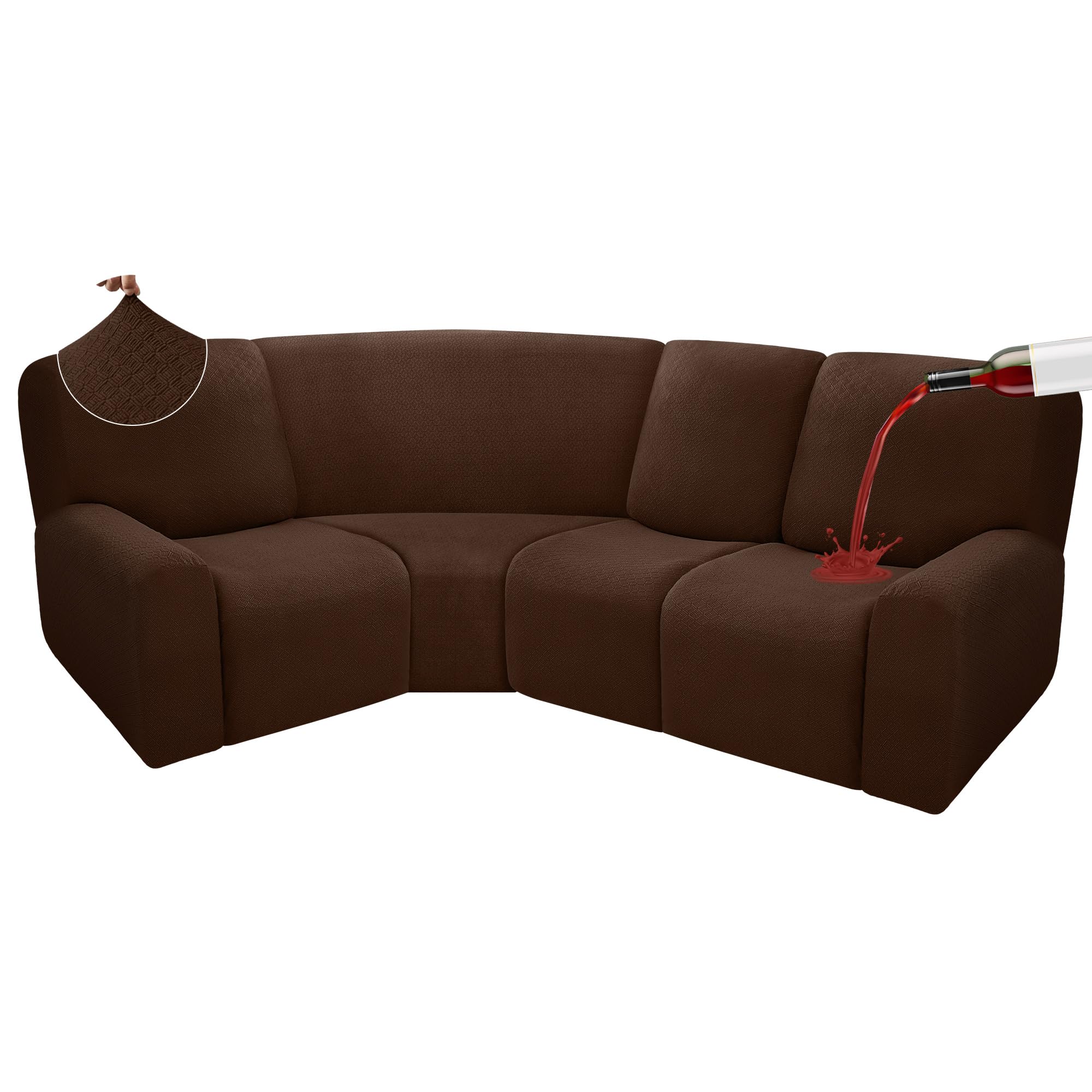 ROFASVCO 100% Waterproof Reclining Sectional Couch Covers Fleece Stretch 4-Piece L Shape Recliner Sofa Cover Washable Non Slip Corner Couch Cover Recliner Slipcovers Protector (4 Seat, Dark Brown)