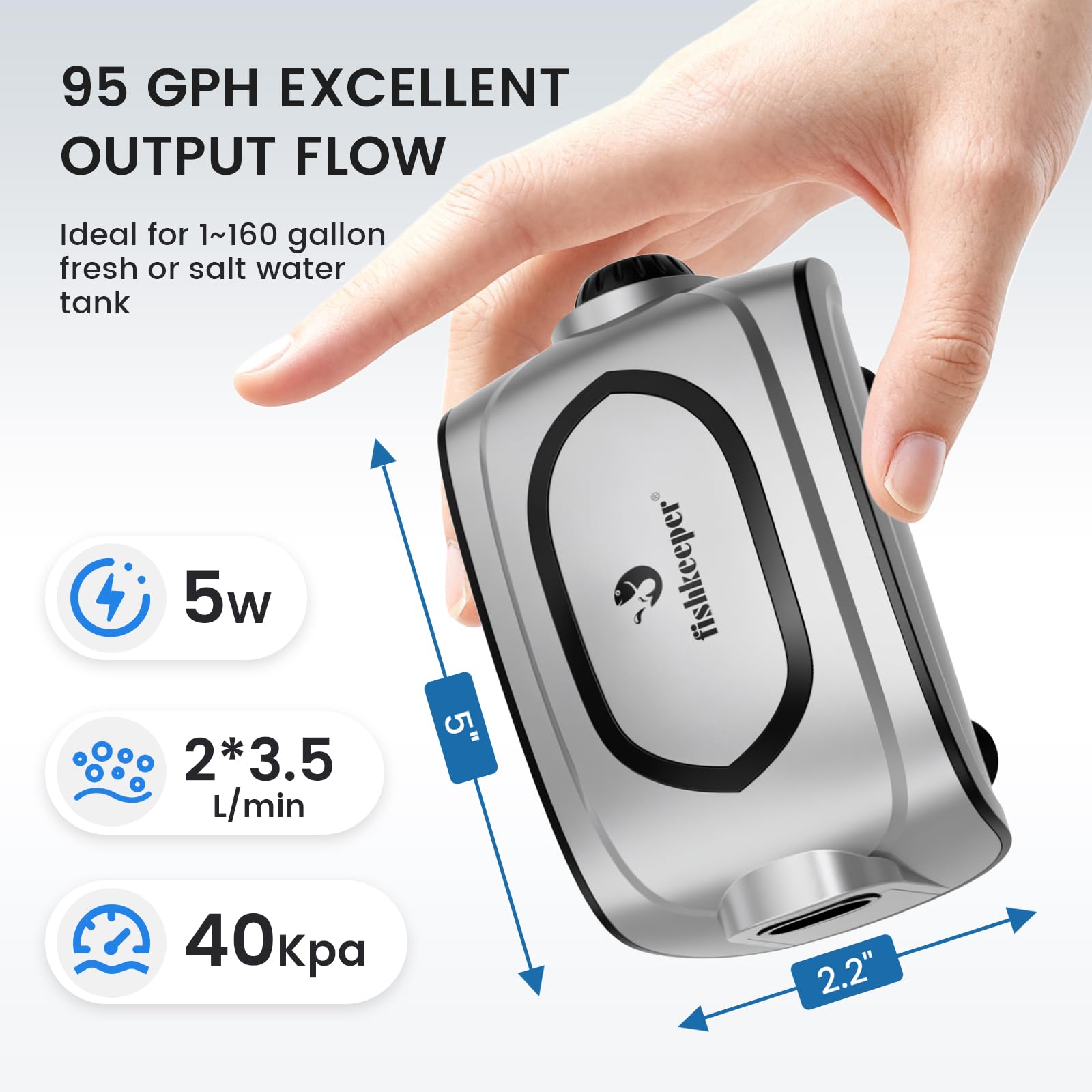 fishkeeper Pompe à air silencieuse pour aquarium 3 W/5 W, compacte et puissante à double sortie avec débit d'air réglable, kit de diffuseur d'air pour aquariums de 1 à 600 l (gris argenté, nouveau